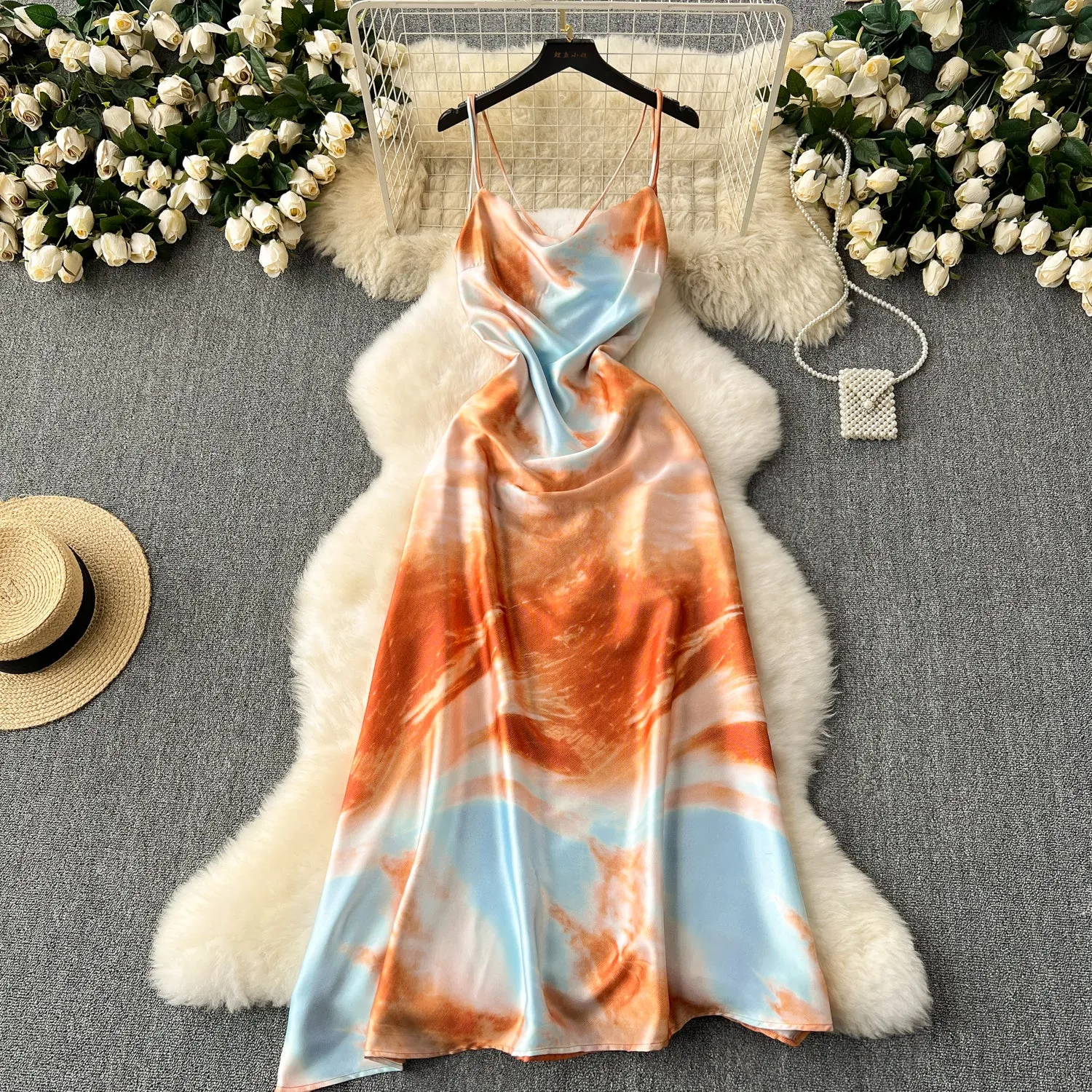Niche Tie-dye Draped Satin Slip Dress