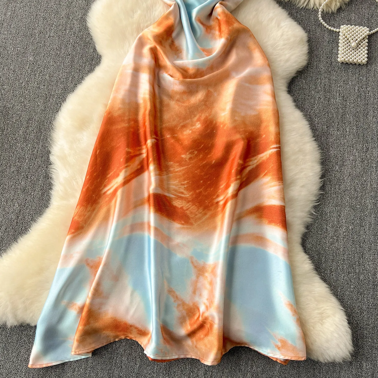 Niche Tie-dye Draped Satin Slip Dress