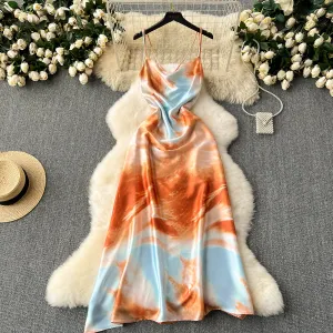 Niche Tie-dye Draped Satin Slip Dress