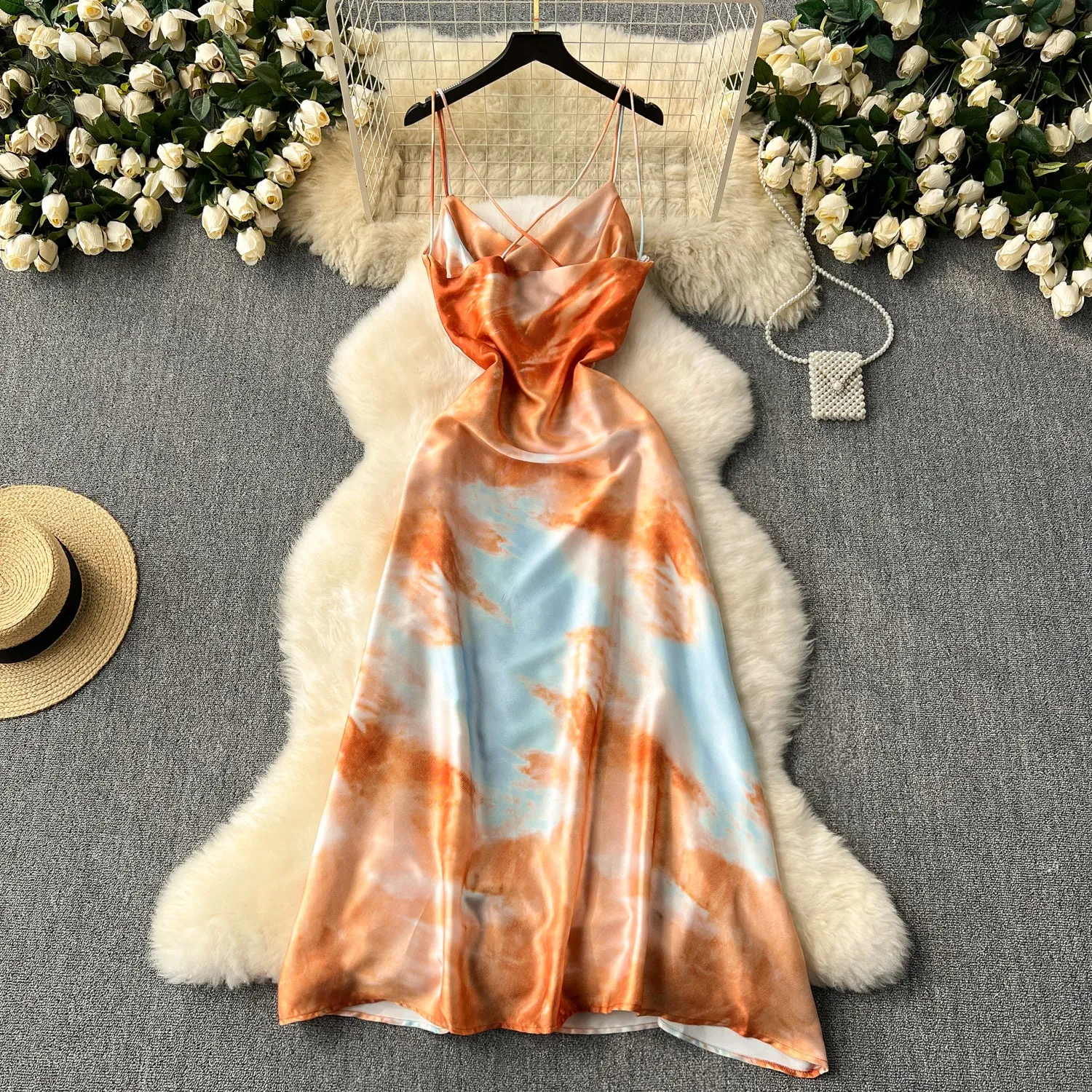 Niche Tie-dye Draped Satin Slip Dress