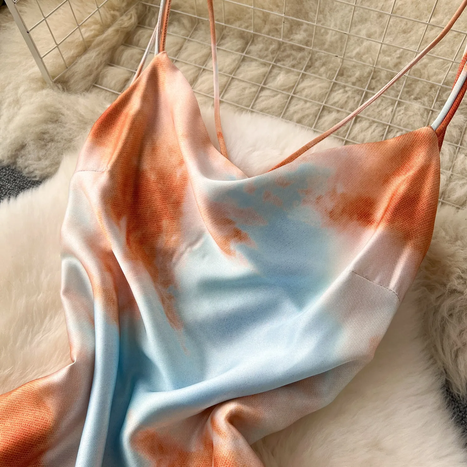 Niche Tie-dye Draped Satin Slip Dress