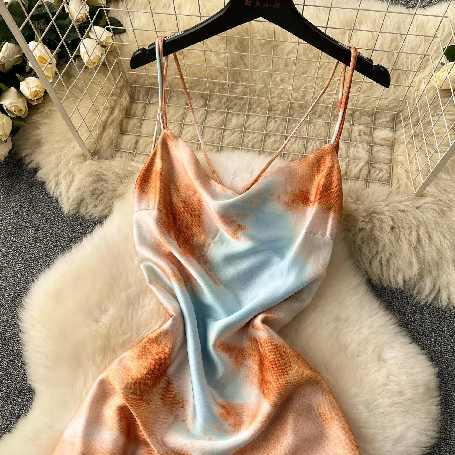 Niche Tie-dye Draped Satin Slip Dress