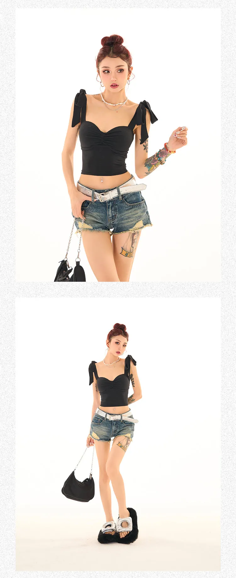 Nora Solid Color Black Ribbon Tie Strap Slim Backless Cut Out Design Top