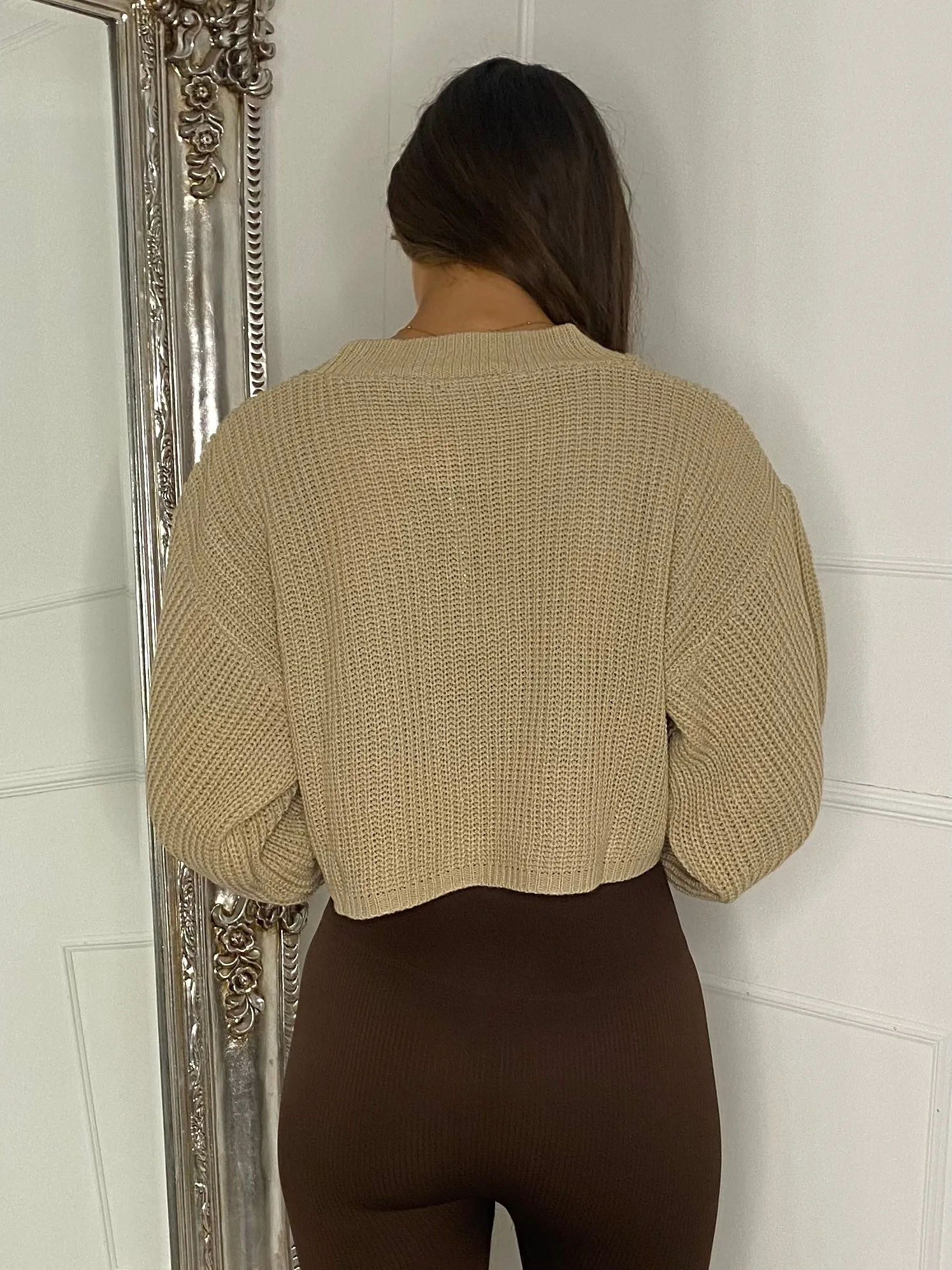 Plain Cropped Knitted Jumper - Beige