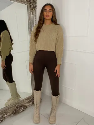 Plain Cropped Knitted Jumper - Beige
