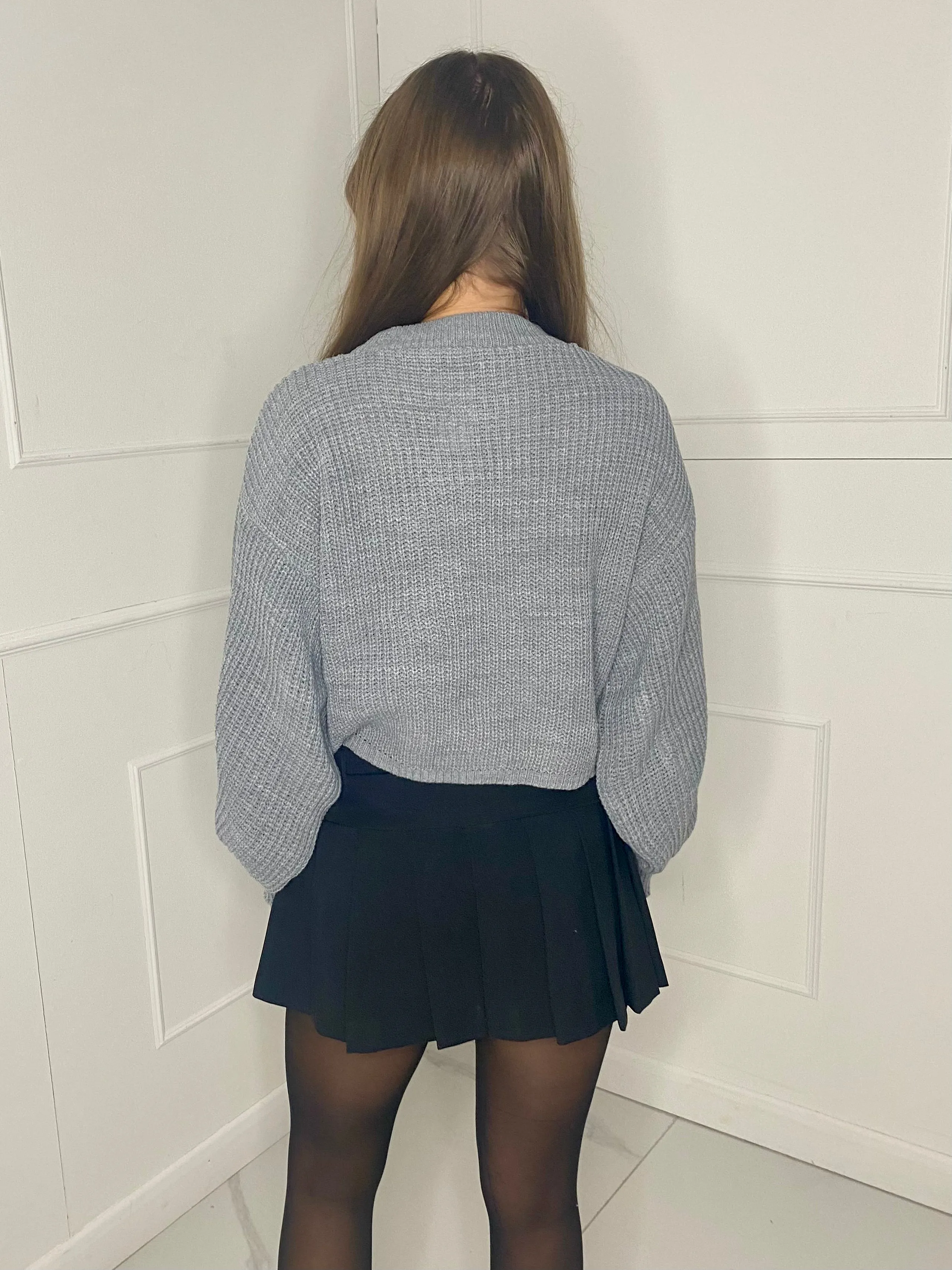 Plain Cropped Knitted Jumper -  Grey