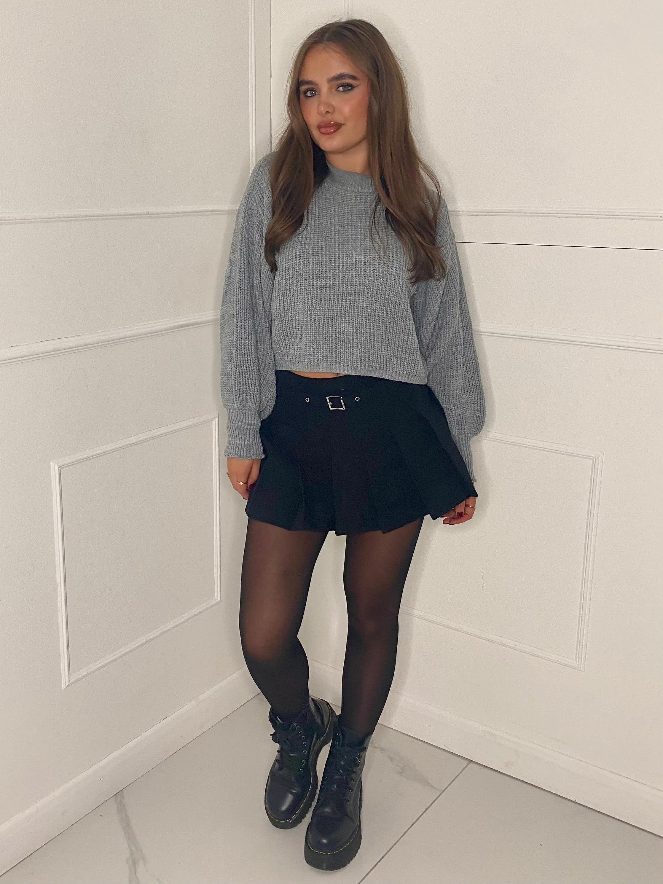 Plain Cropped Knitted Jumper -  Grey