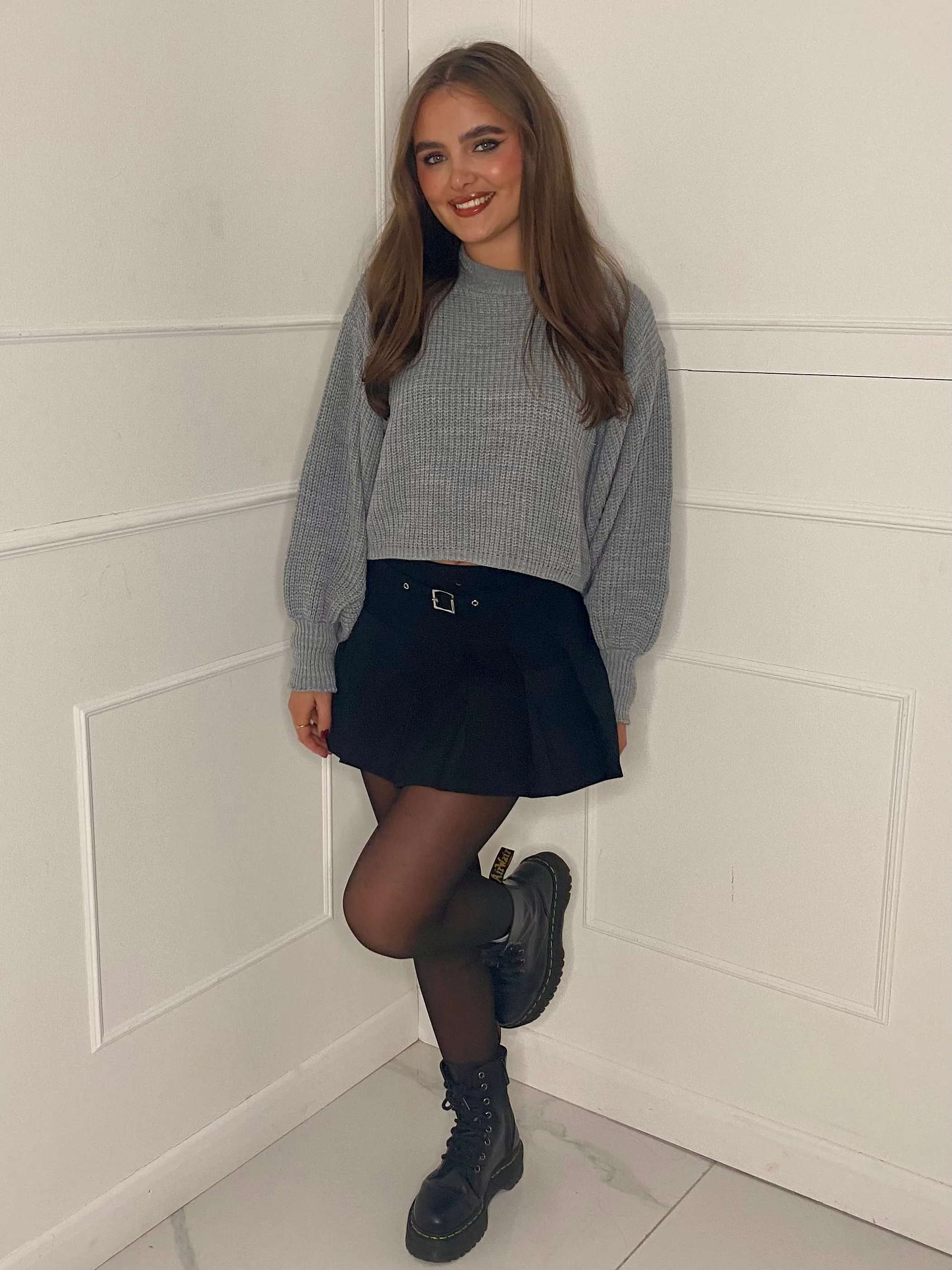 Plain Cropped Knitted Jumper -  Grey