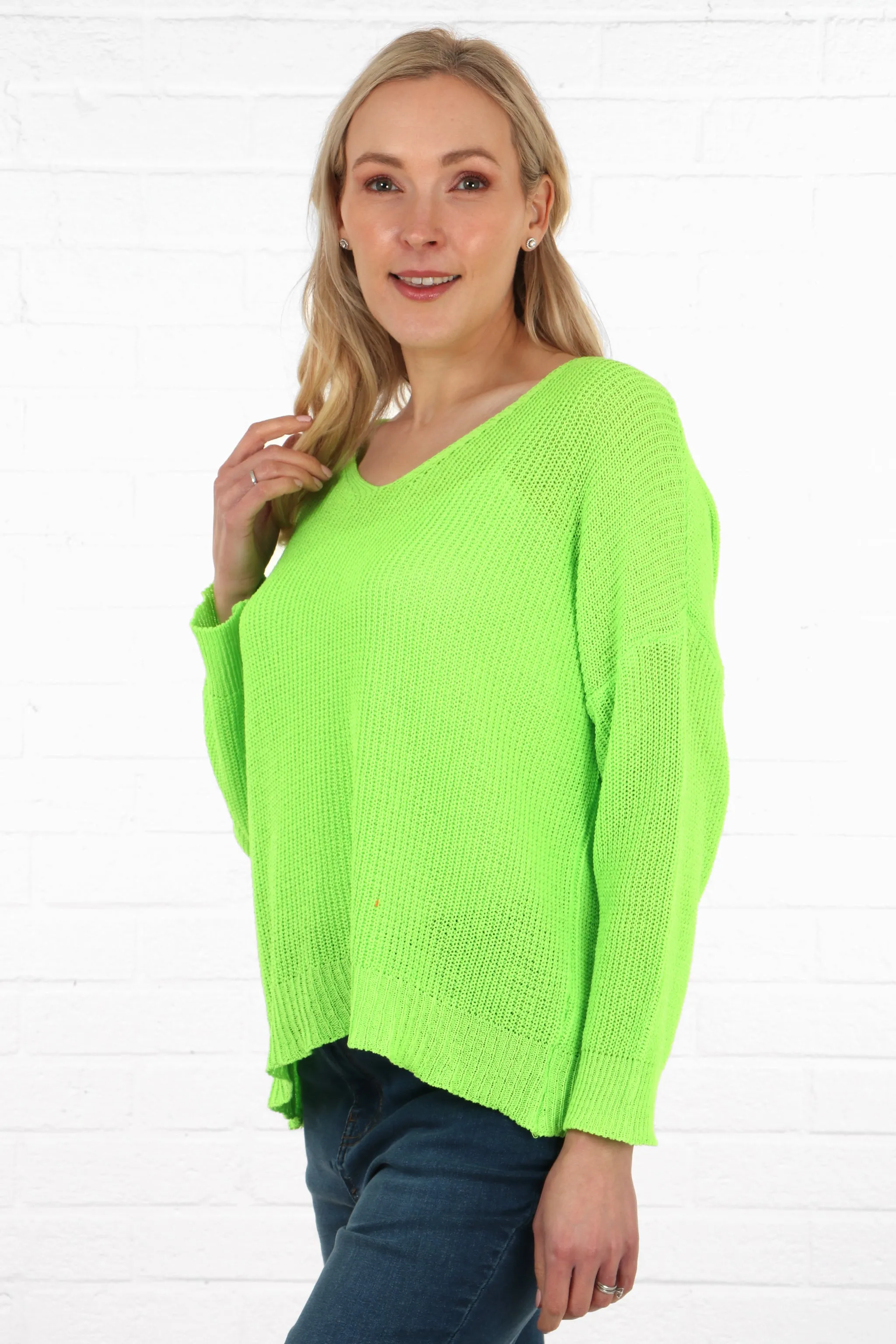 Plain V-Neck Knitted Cotton Jumper in Lime Green