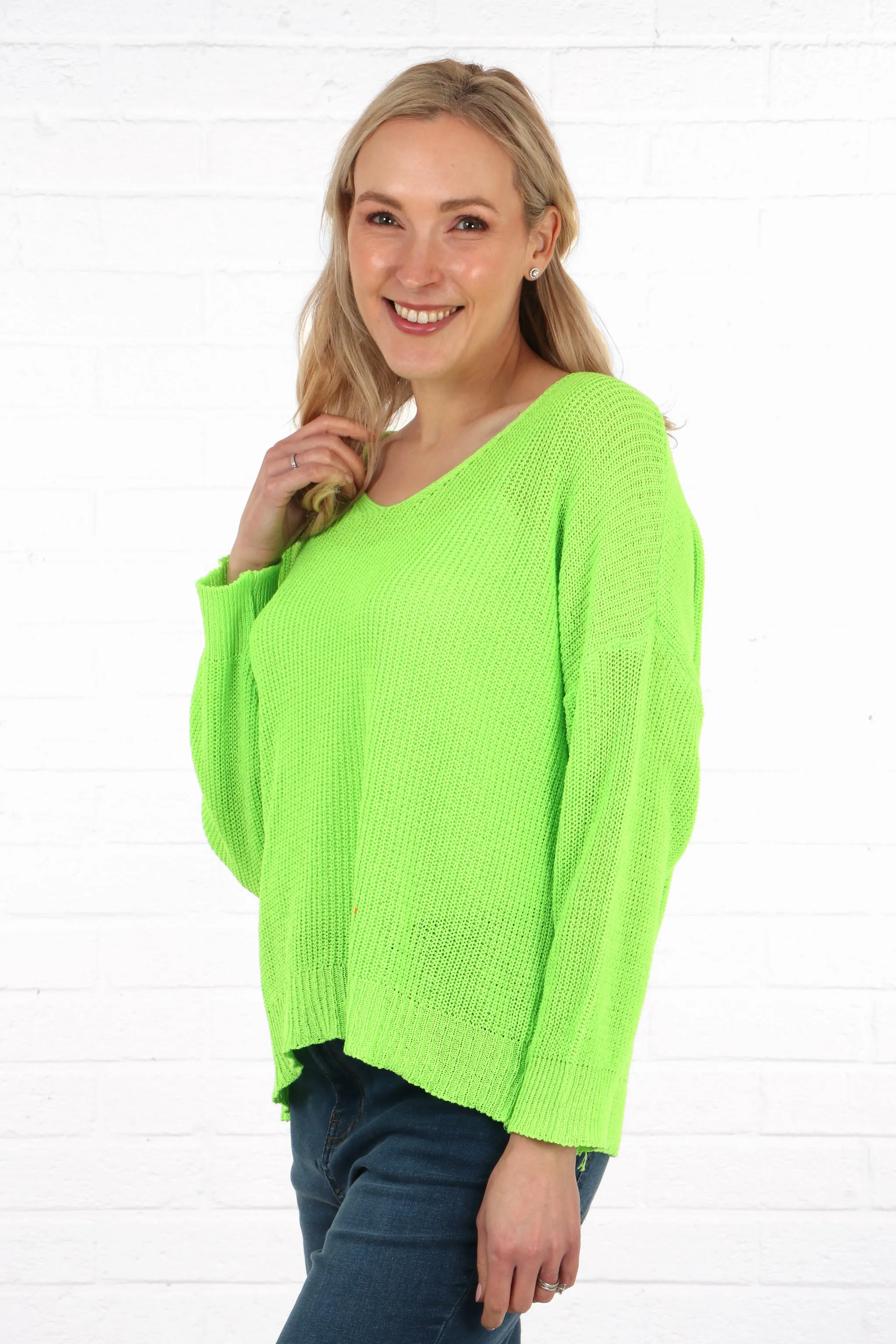 Plain V-Neck Knitted Cotton Jumper in Lime Green