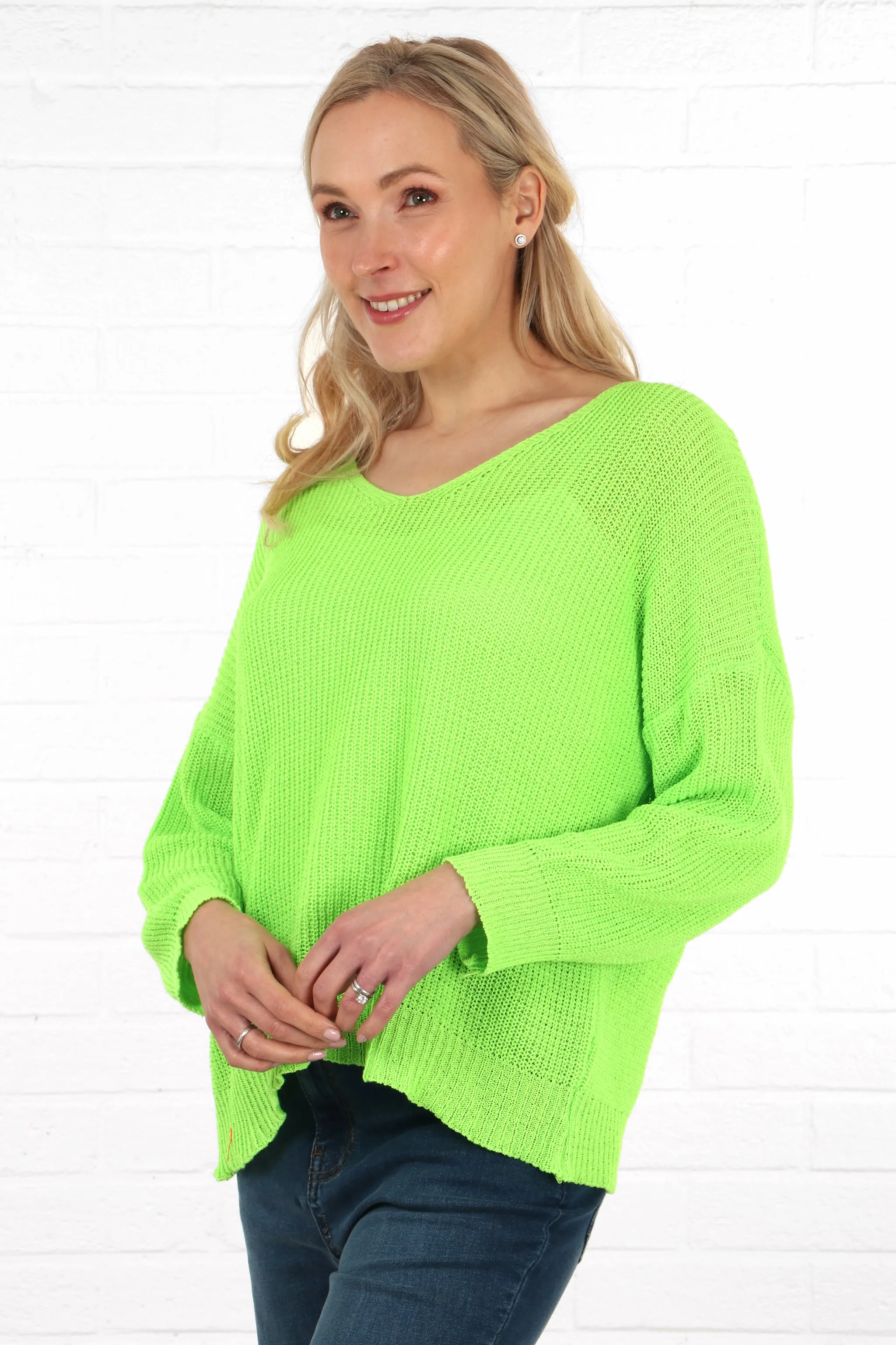 Plain V-Neck Knitted Cotton Jumper in Lime Green