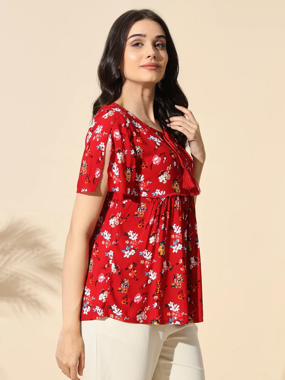 Printed Viscose Top With Tassels-#TP013-Red