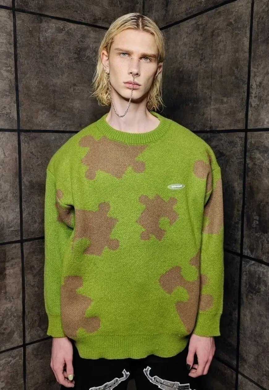 Puzzle sweater knitted retro game jumper preppy top green