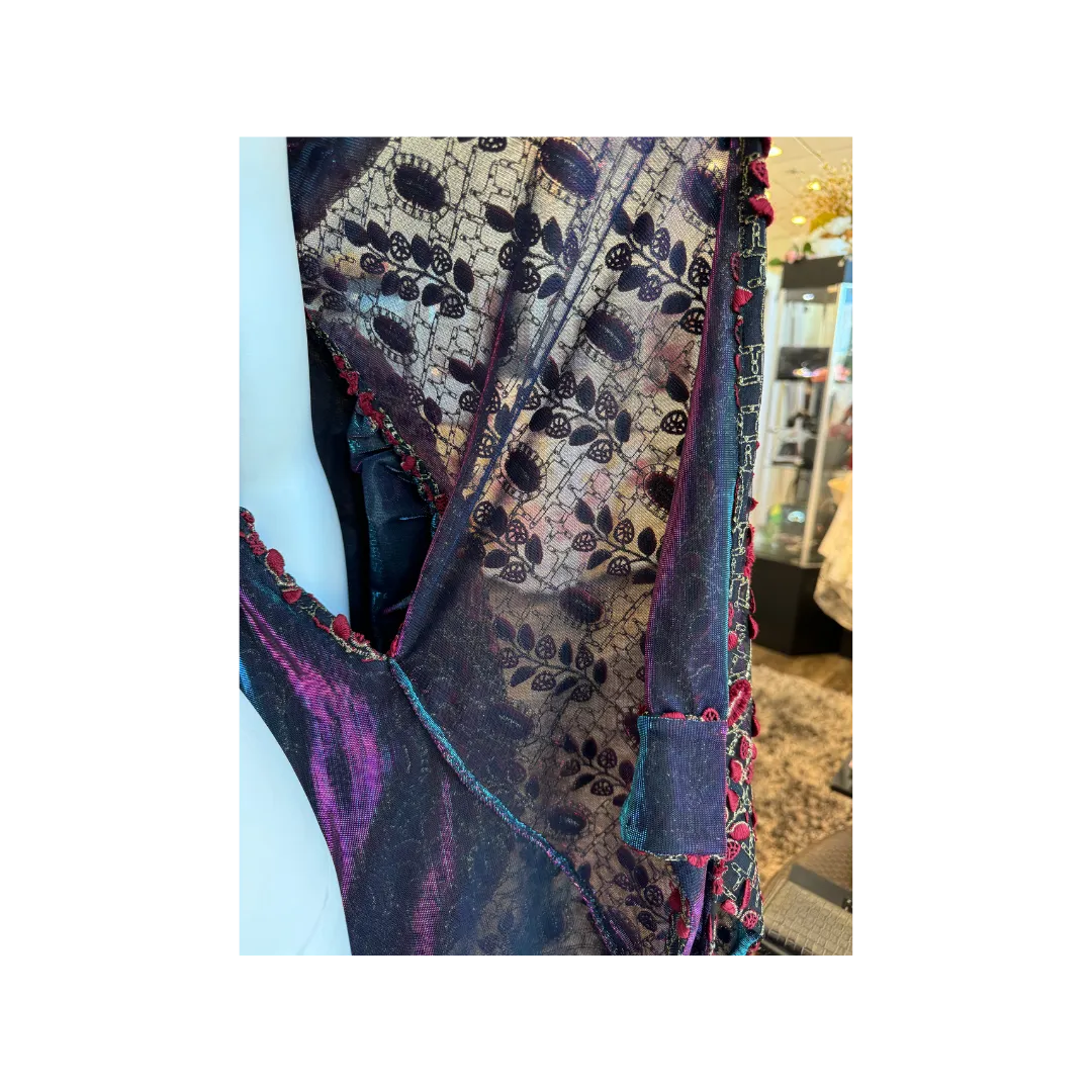 Red/Gold Embroidered Black Mesh Cape