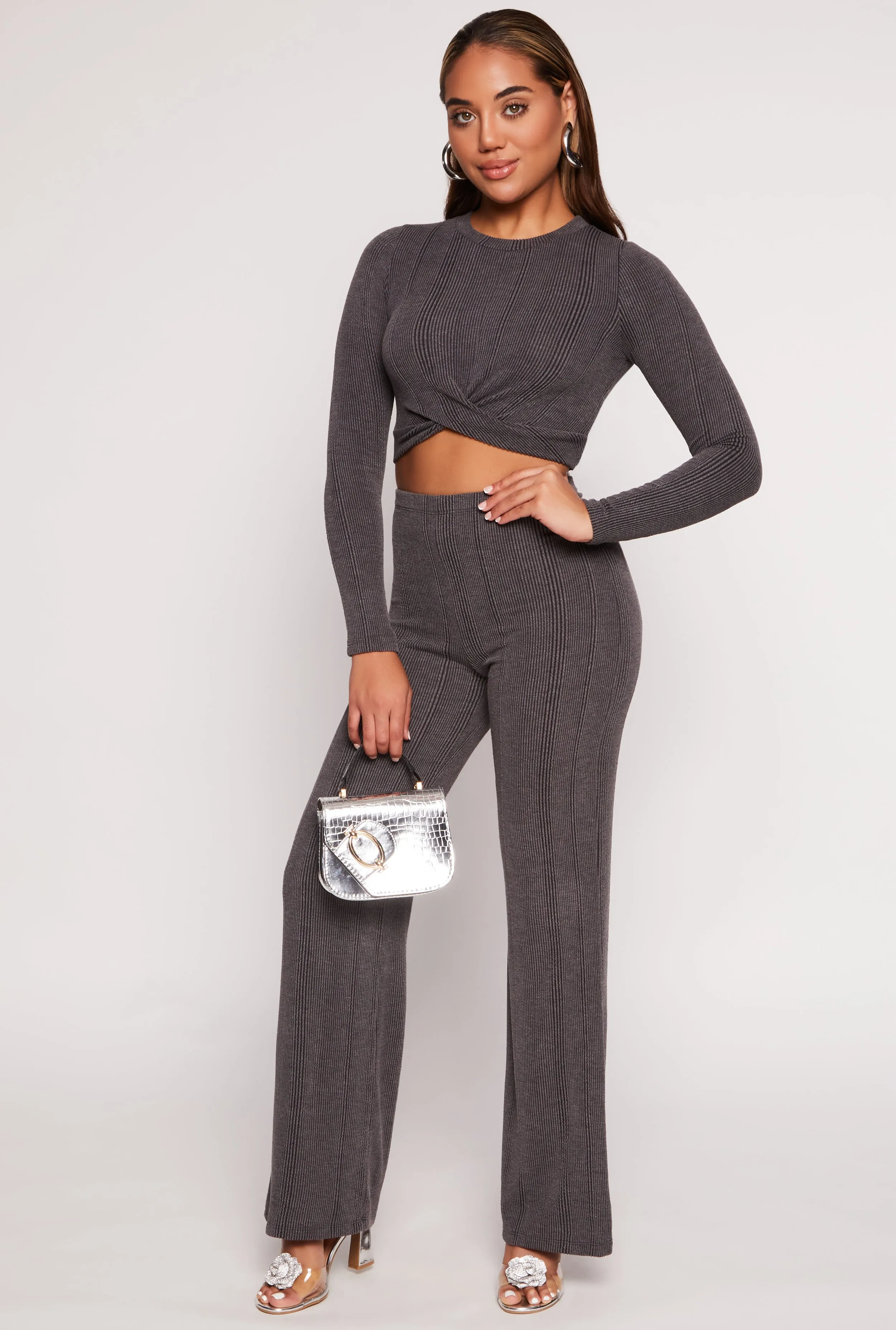 Ribbed Knit Wide Leg High Waist Pants