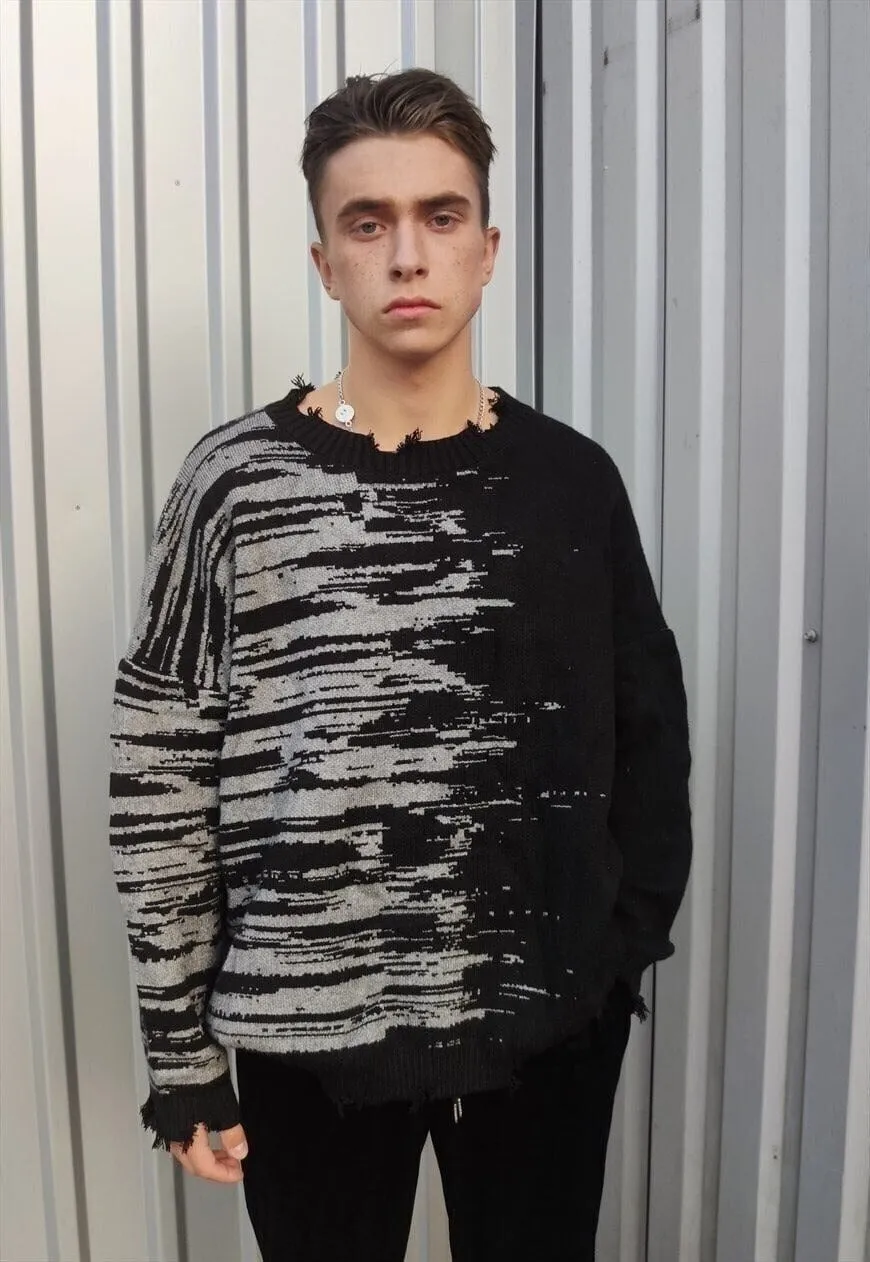 Ripped sweater contrast stitch stripe jumper in black grey