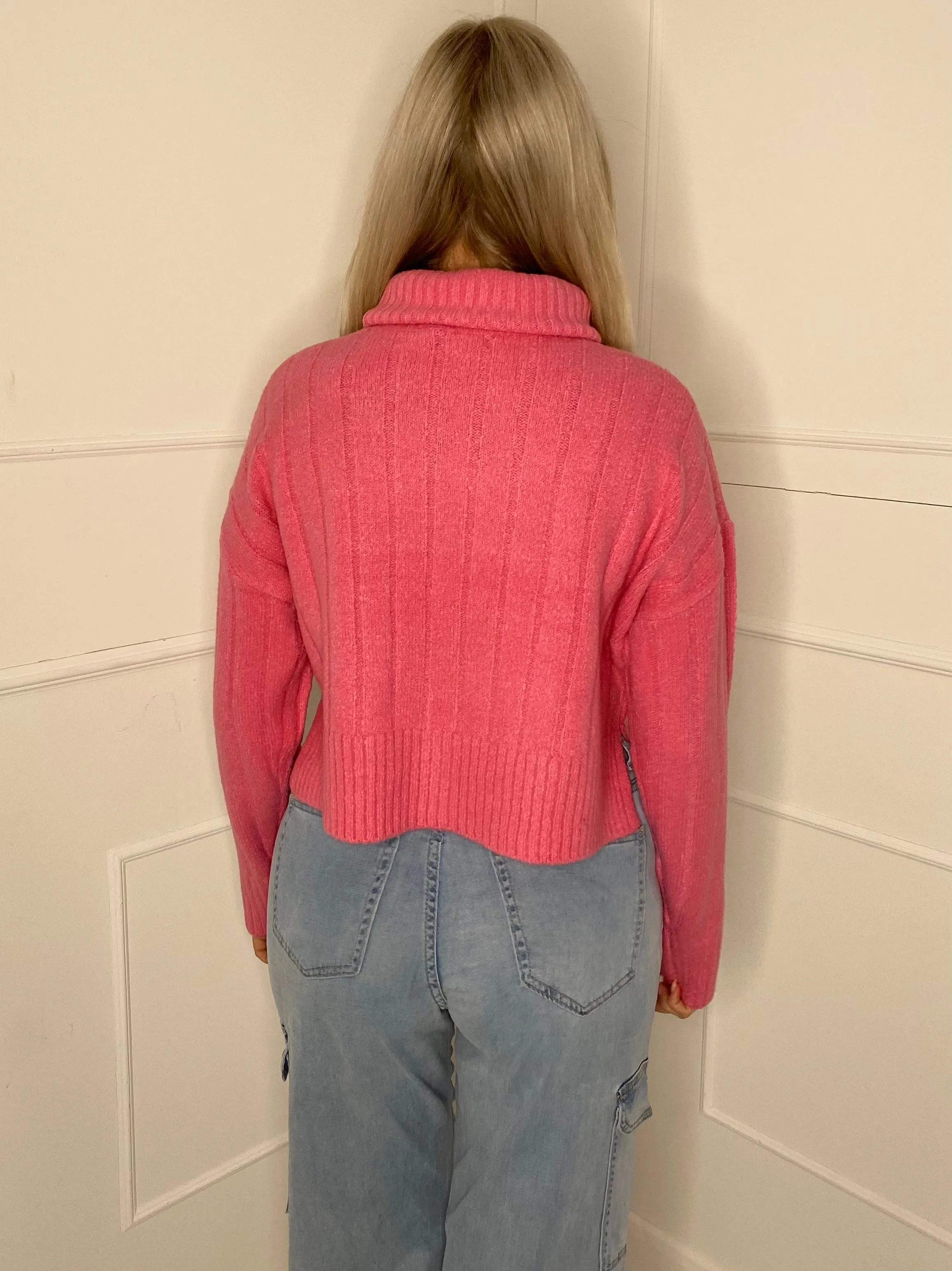 Roll Neck Ribbed Knitted Jumper - Pink