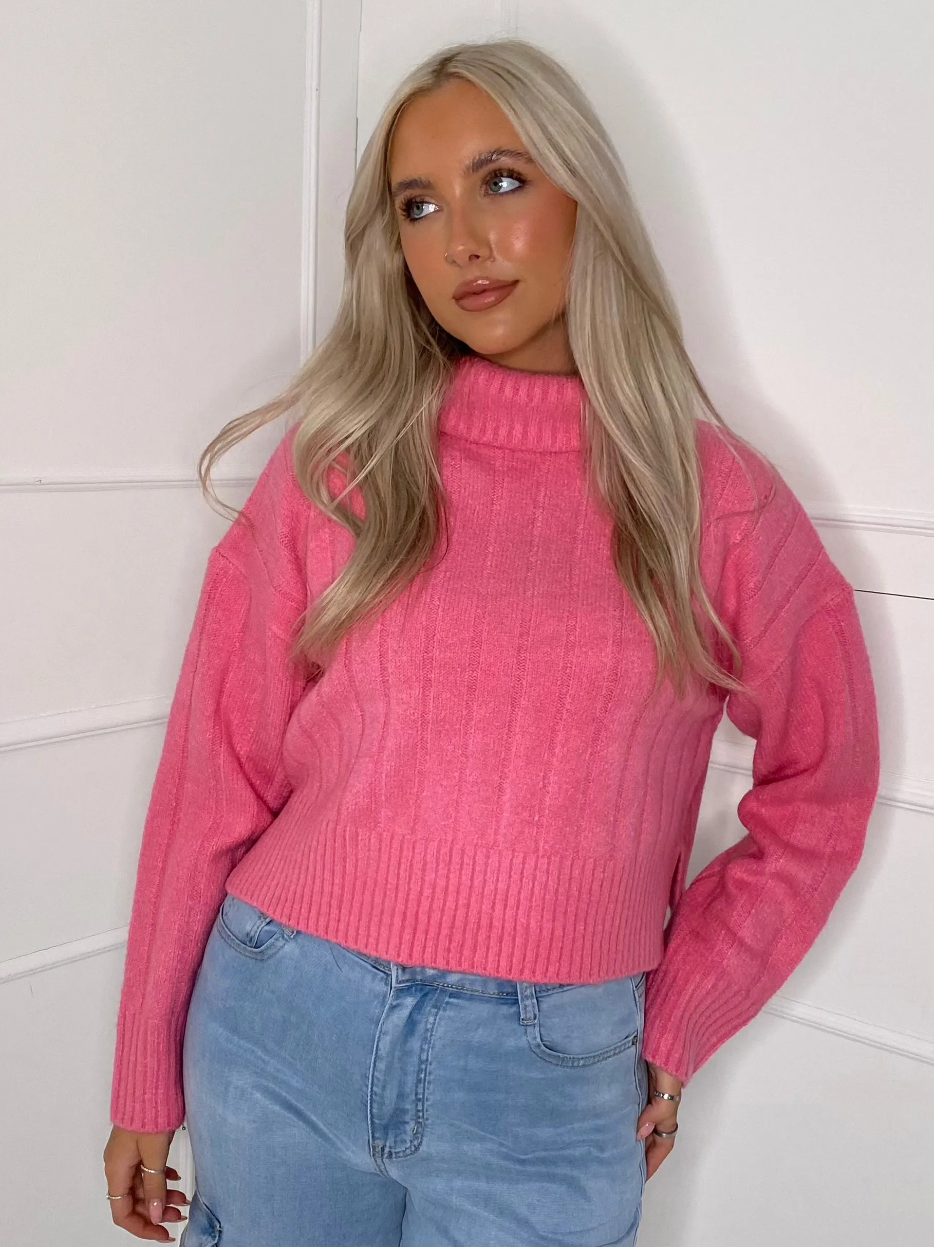 Roll Neck Ribbed Knitted Jumper - Pink