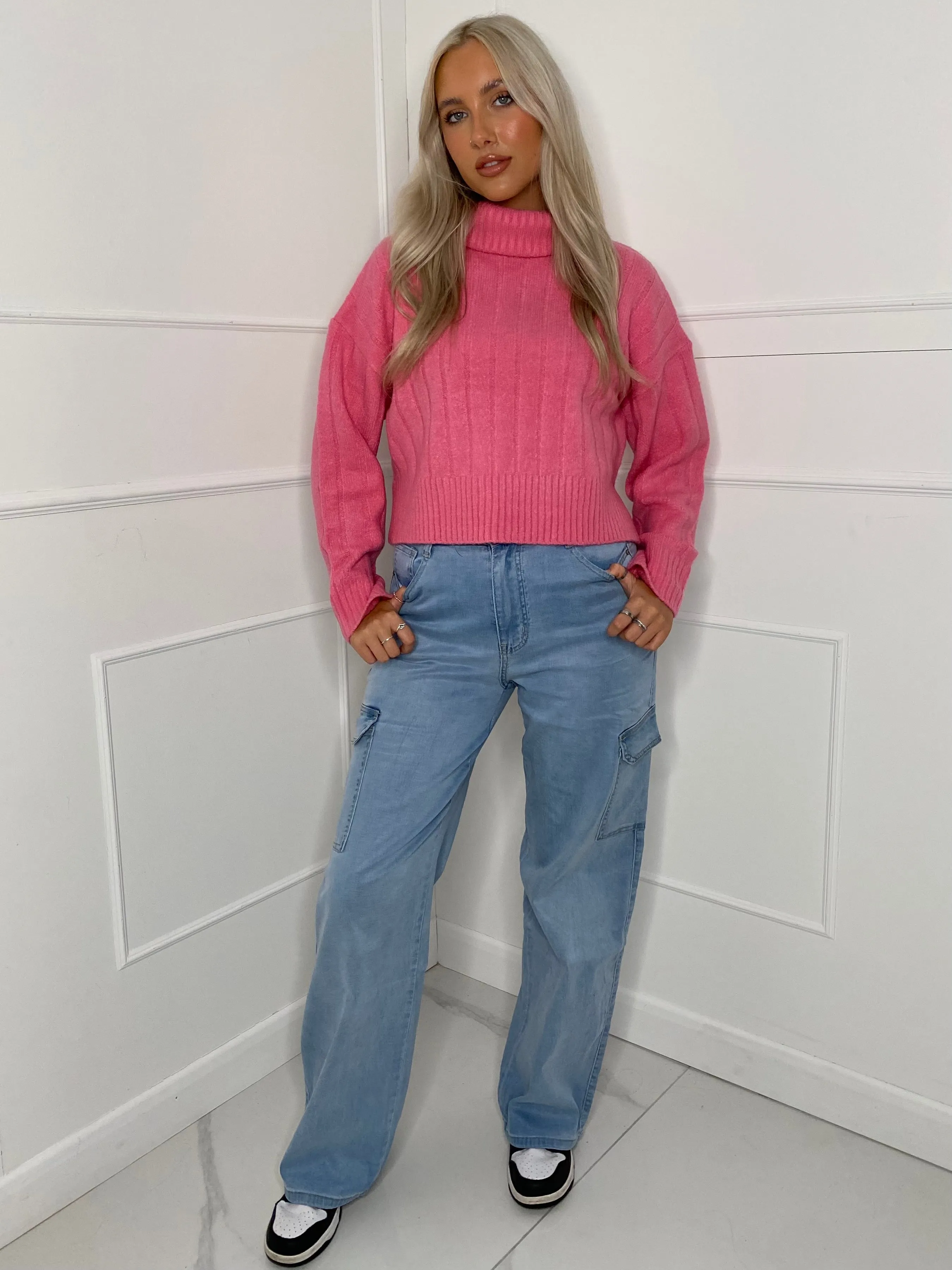 Roll Neck Ribbed Knitted Jumper - Pink