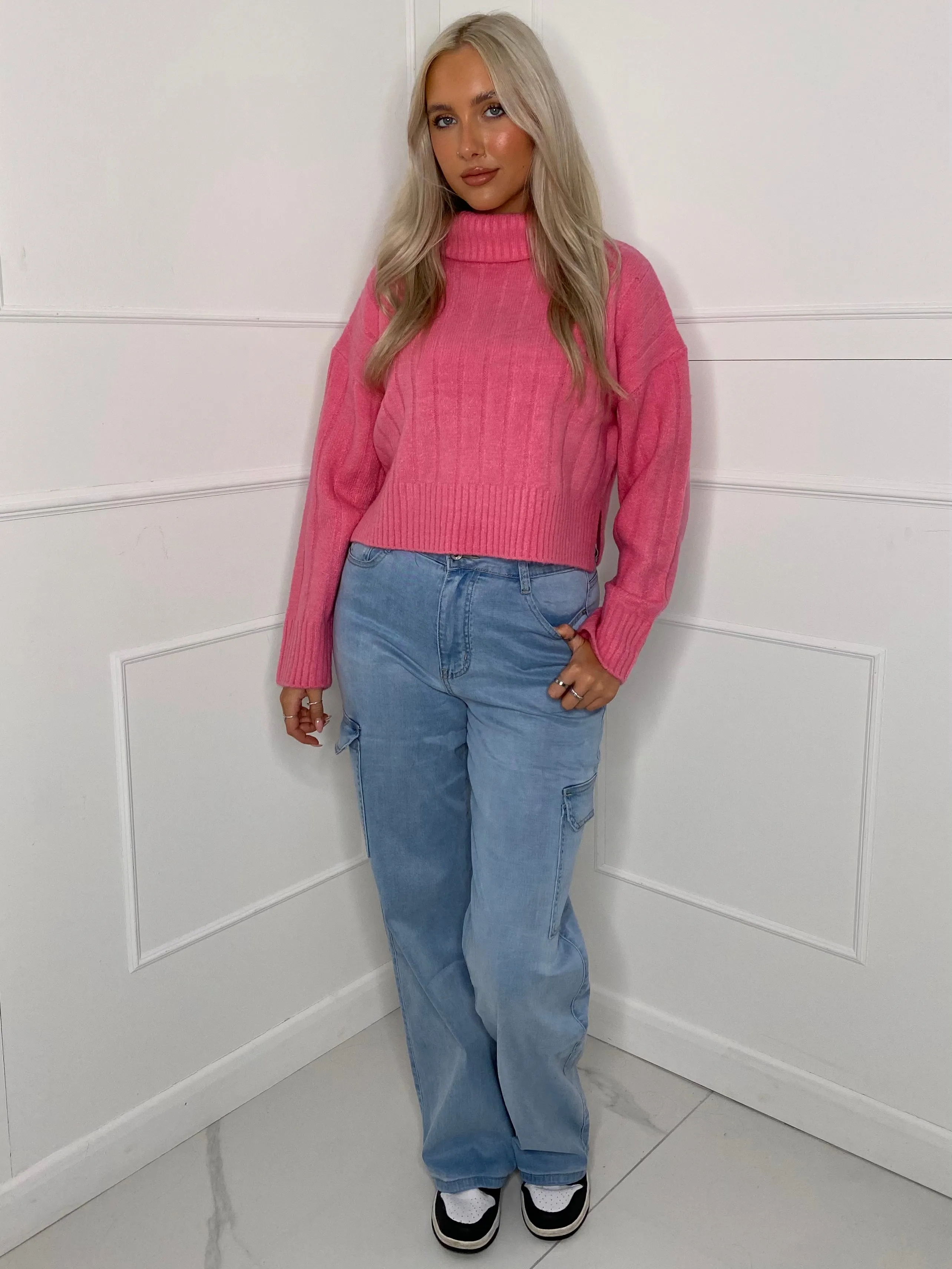 Roll Neck Ribbed Knitted Jumper - Pink