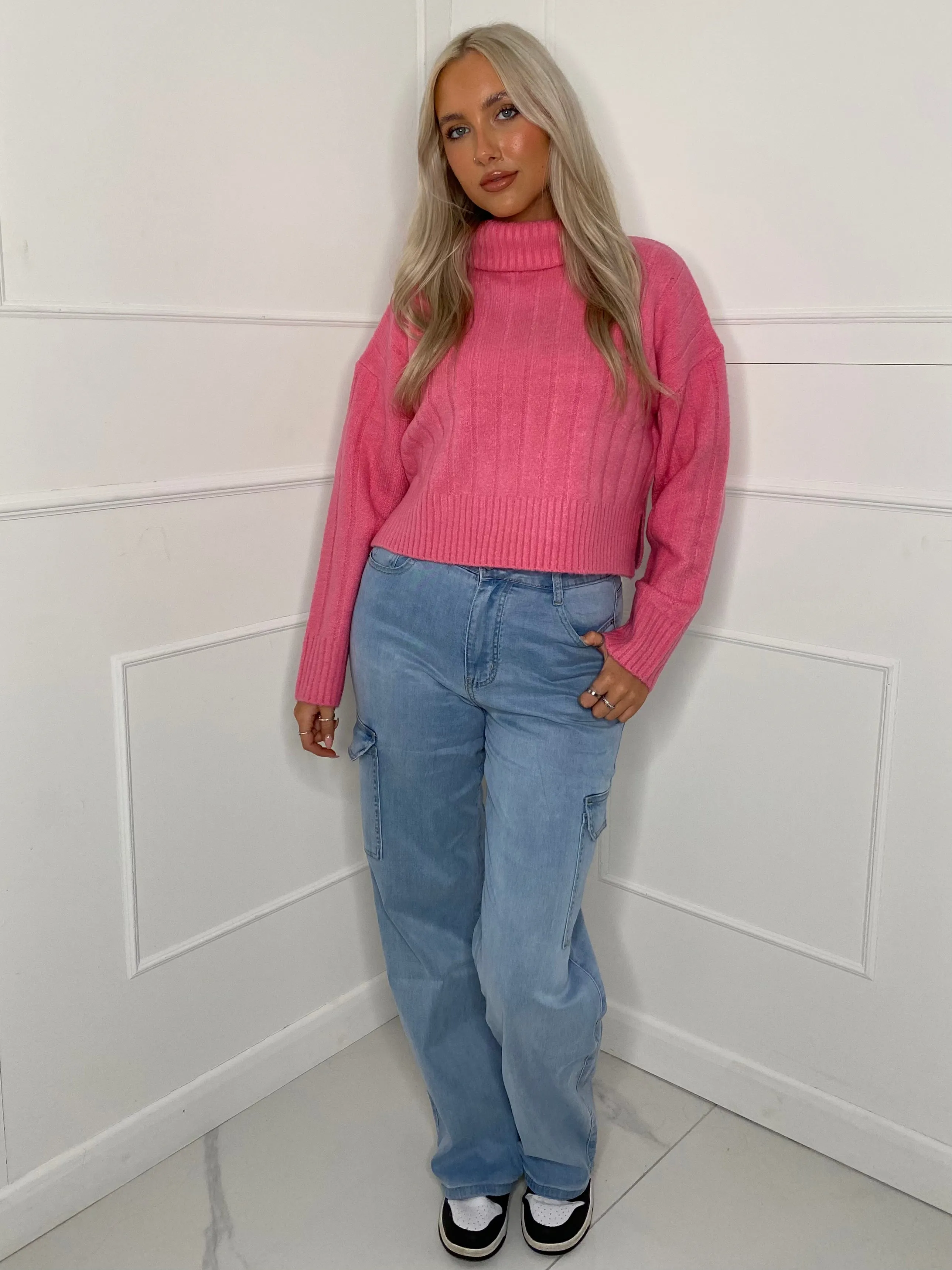 Roll Neck Ribbed Knitted Jumper - Pink