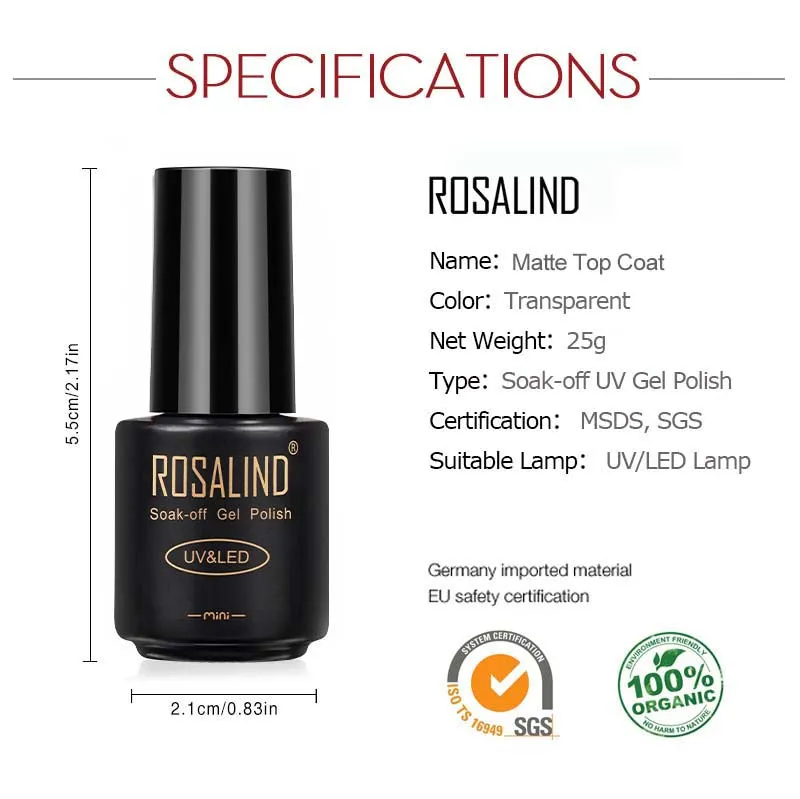 ROSALIND Matt Top Coat Gel Polish Bright For Nail Art Design LED/UV Lamp