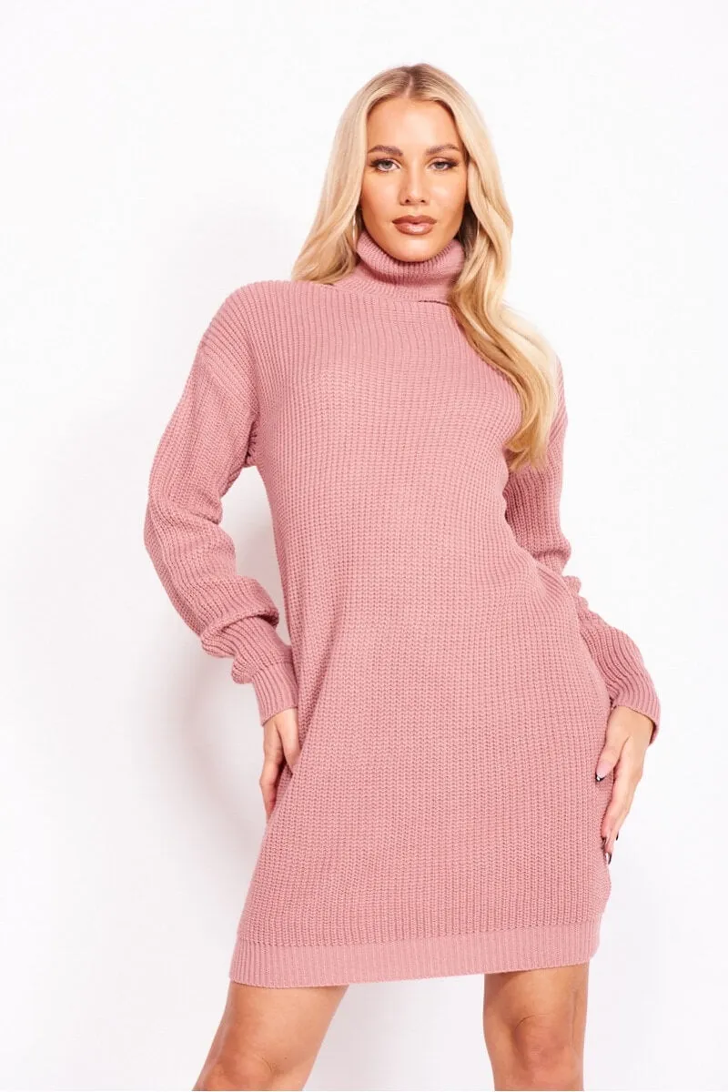 Rose Roll Neck Knitted Jumper Dress