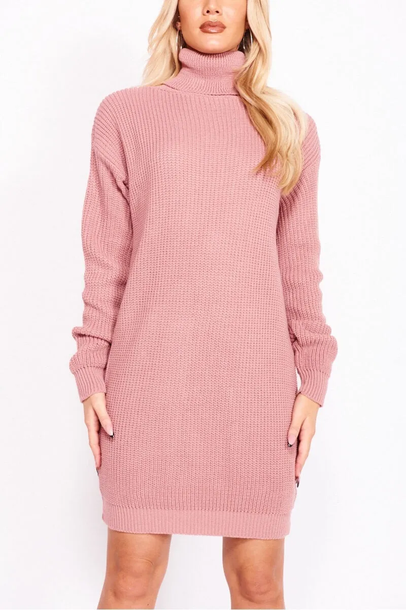 Rose Roll Neck Knitted Jumper Dress