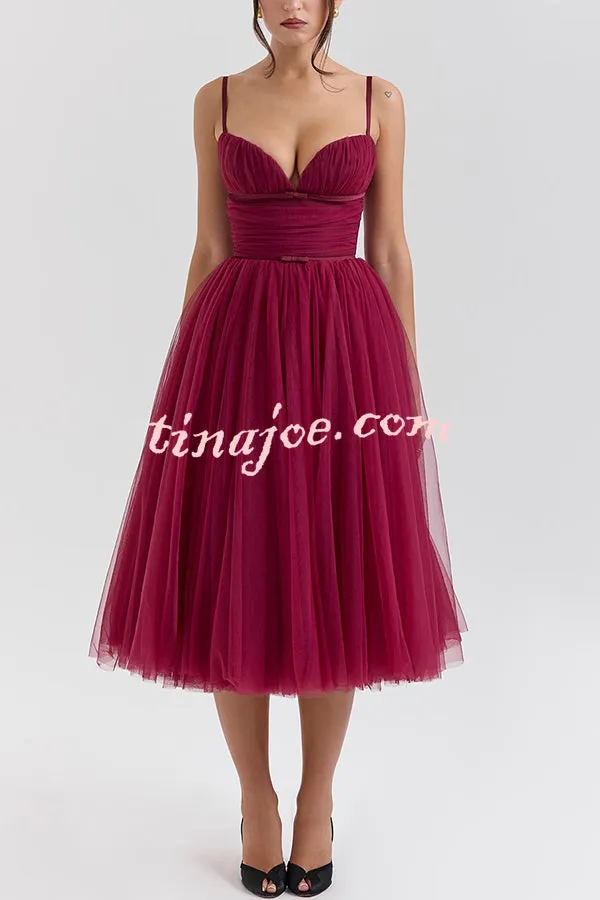 Royal Treatment Tulle Bows Detail Ruched Slip Midi Dress
