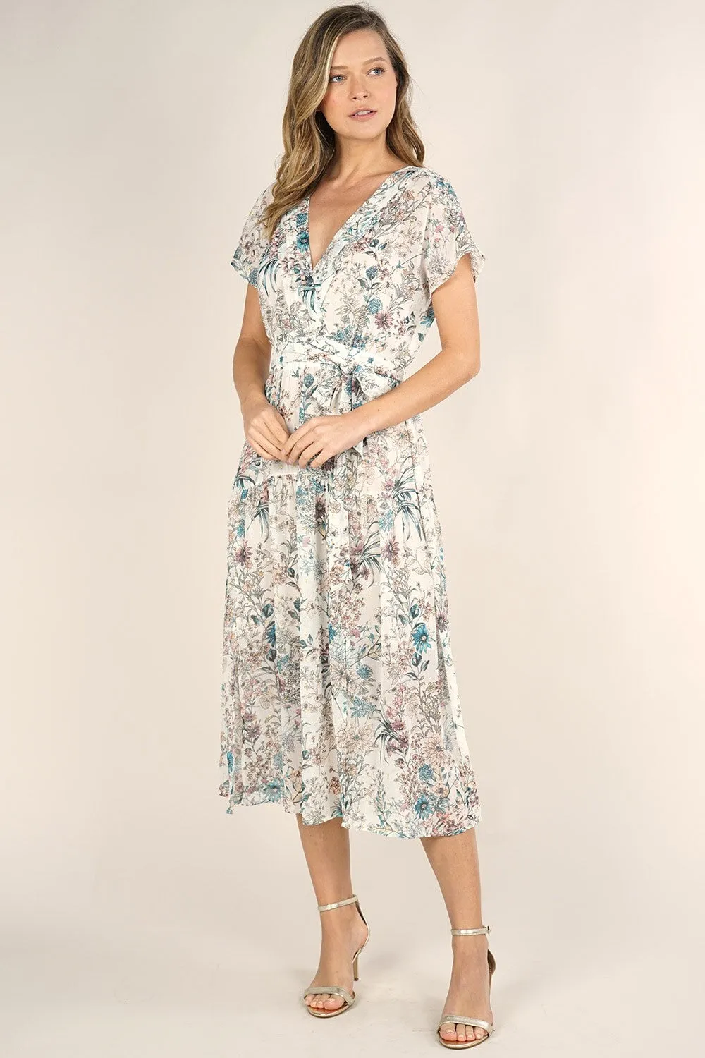 Sheer Floral Belted Midi Dress