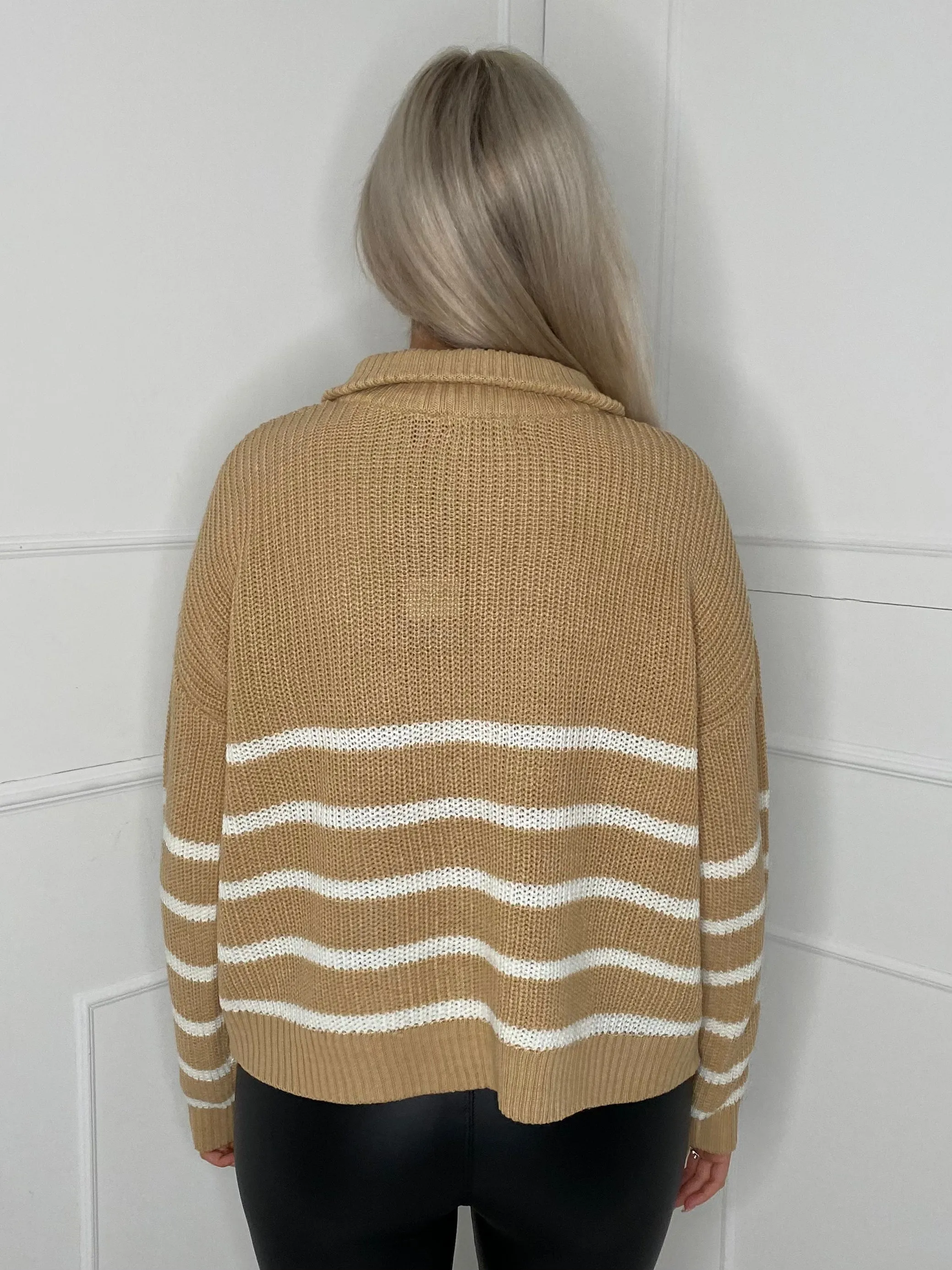 Striped Zip Front Jumper - Beige/White