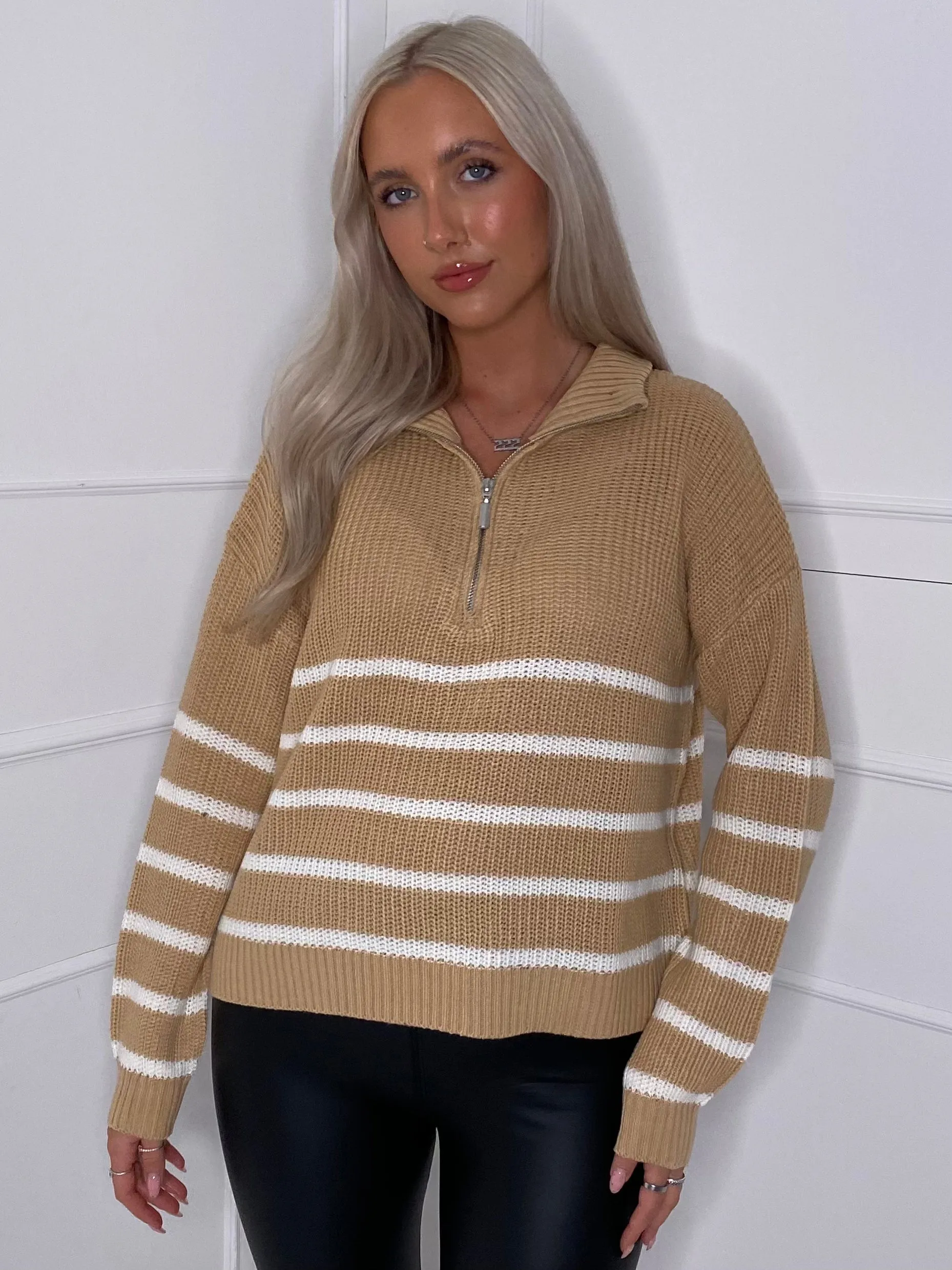Striped Zip Front Jumper - Beige/White