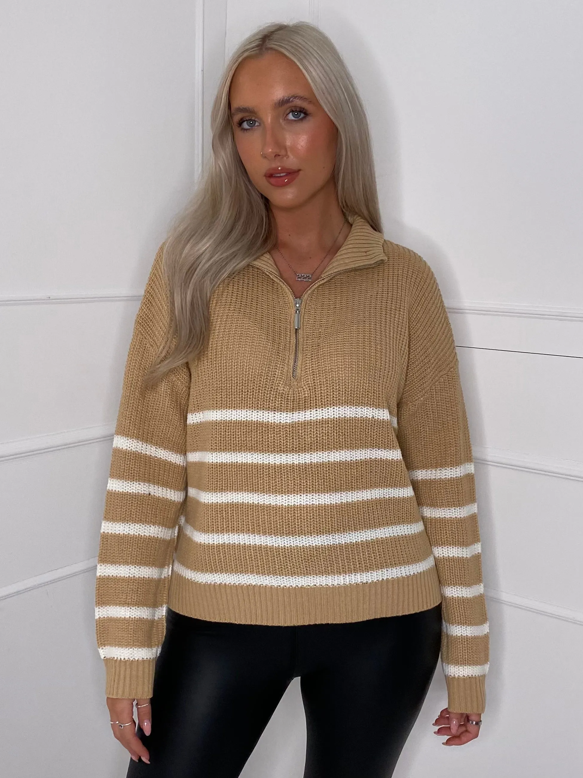 Striped Zip Front Jumper - Beige/White
