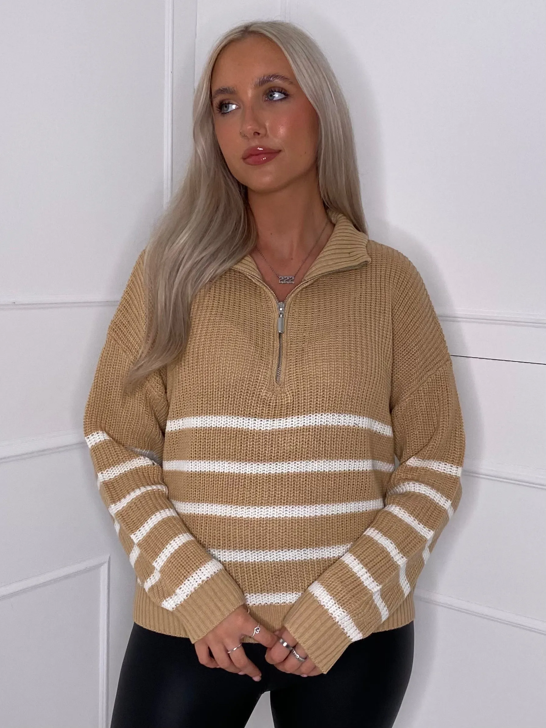 Striped Zip Front Jumper - Beige/White