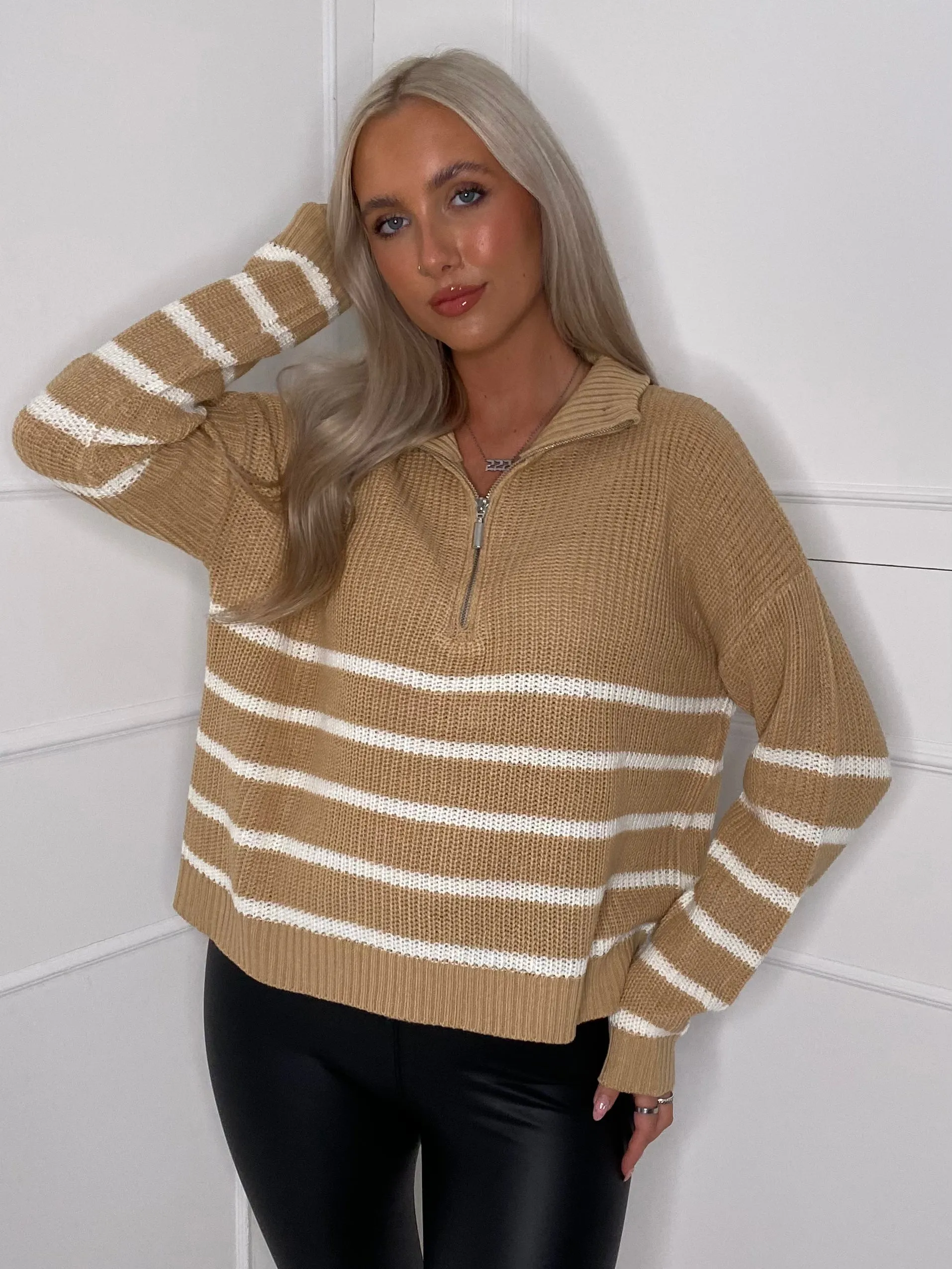 Striped Zip Front Jumper - Beige/White