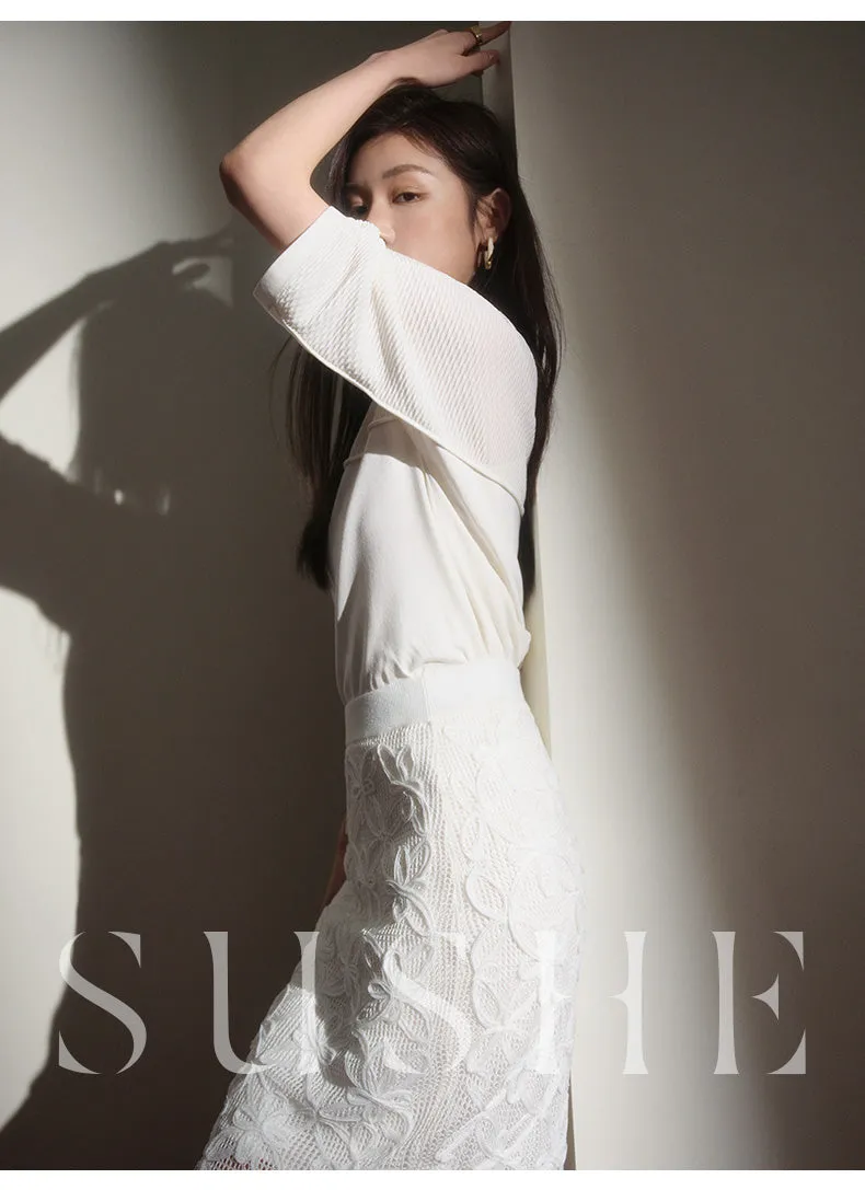 SUSHE Spring Flower Simple Straight pencil White Knit Slit Skirt - ueb