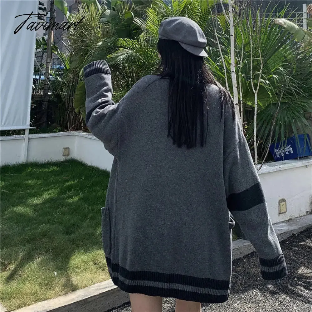 Tavimart Korean Style Grey Solid Cardigan Sweater Women Preppy Fashion V-neck Oversize Knitted Jumper Female Fall Streetwear Top