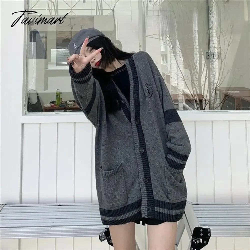 Tavimart Korean Style Grey Solid Cardigan Sweater Women Preppy Fashion V-neck Oversize Knitted Jumper Female Fall Streetwear Top
