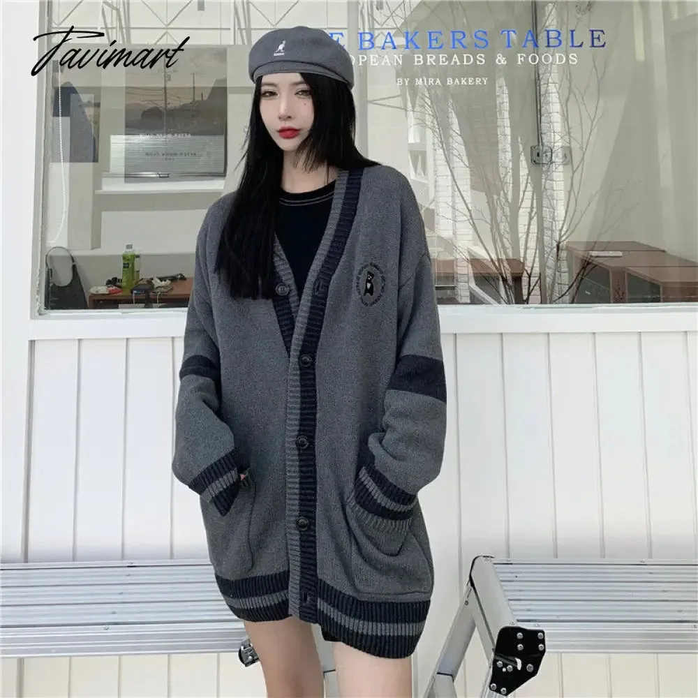 Tavimart Korean Style Grey Solid Cardigan Sweater Women Preppy Fashion V-neck Oversize Knitted Jumper Female Fall Streetwear Top