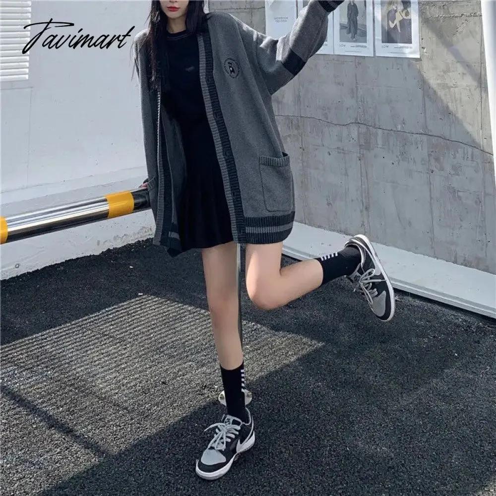 Tavimart Korean Style Grey Solid Cardigan Sweater Women Preppy Fashion V-neck Oversize Knitted Jumper Female Fall Streetwear Top