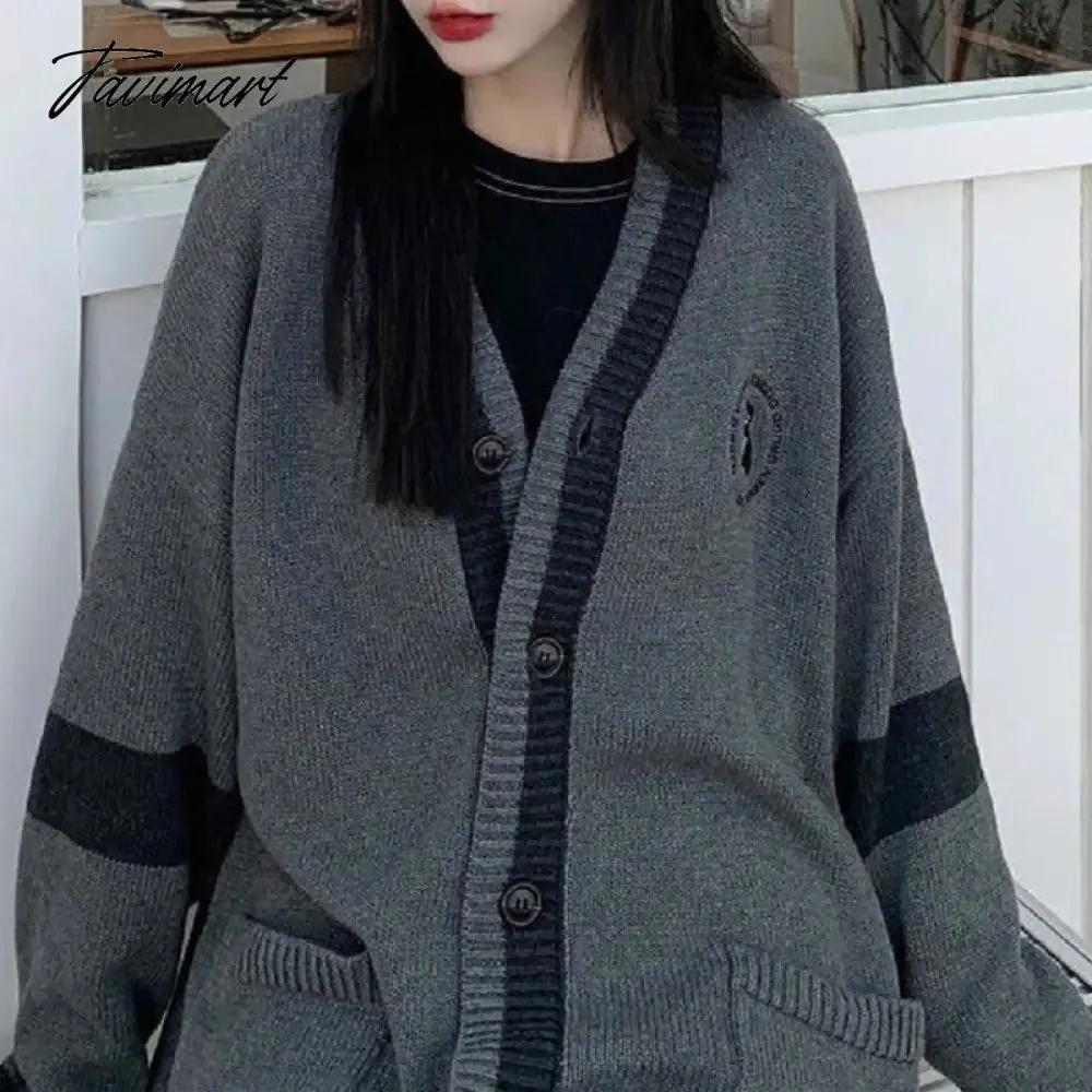 Tavimart Korean Style Grey Solid Cardigan Sweater Women Preppy Fashion V-neck Oversize Knitted Jumper Female Fall Streetwear Top