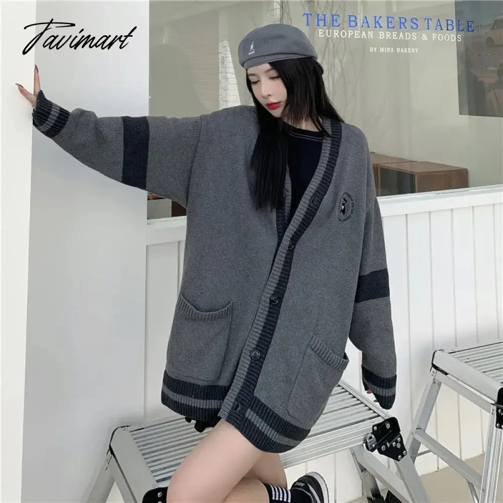 Tavimart Korean Style Grey Solid Cardigan Sweater Women Preppy Fashion V-neck Oversize Knitted Jumper Female Fall Streetwear Top