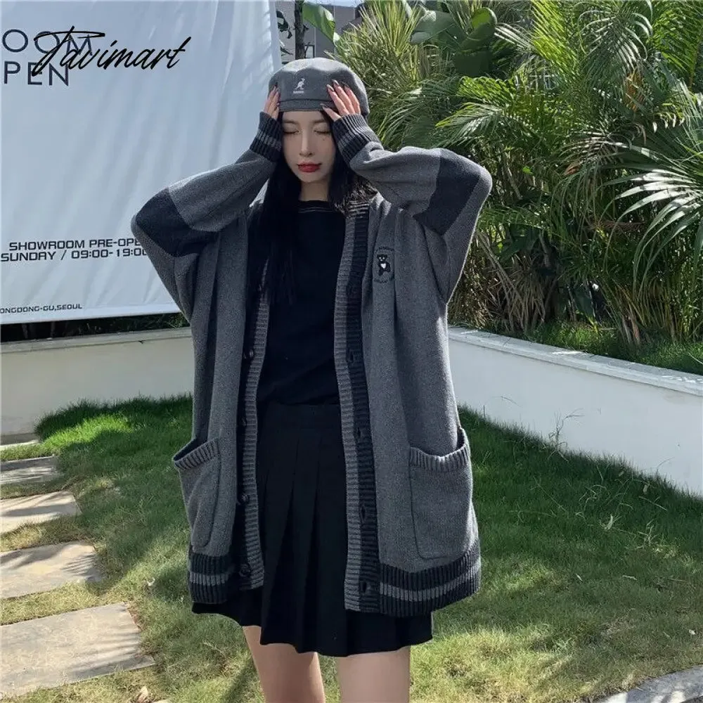Tavimart Korean Style Grey Solid Cardigan Sweater Women Preppy Fashion V-neck Oversize Knitted Jumper Female Fall Streetwear Top
