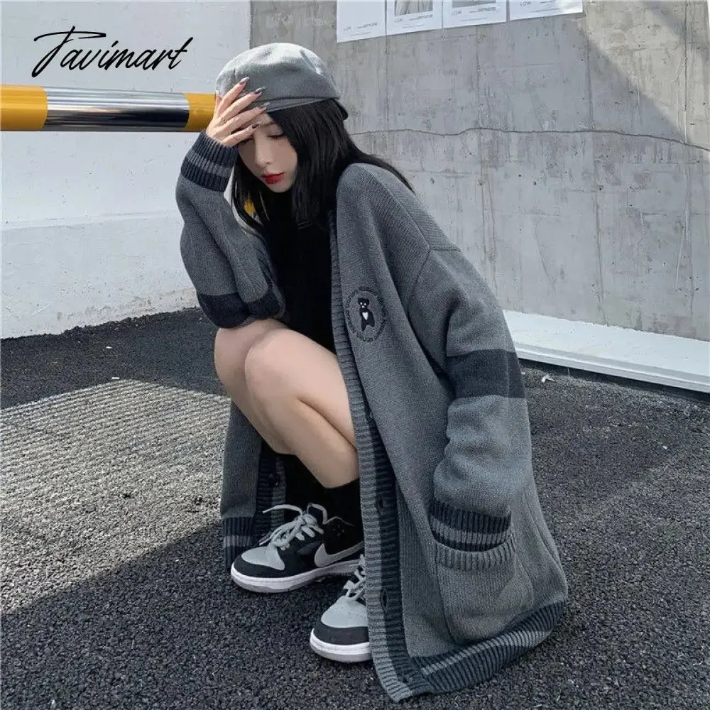 Tavimart Korean Style Grey Solid Cardigan Sweater Women Preppy Fashion V-neck Oversize Knitted Jumper Female Fall Streetwear Top