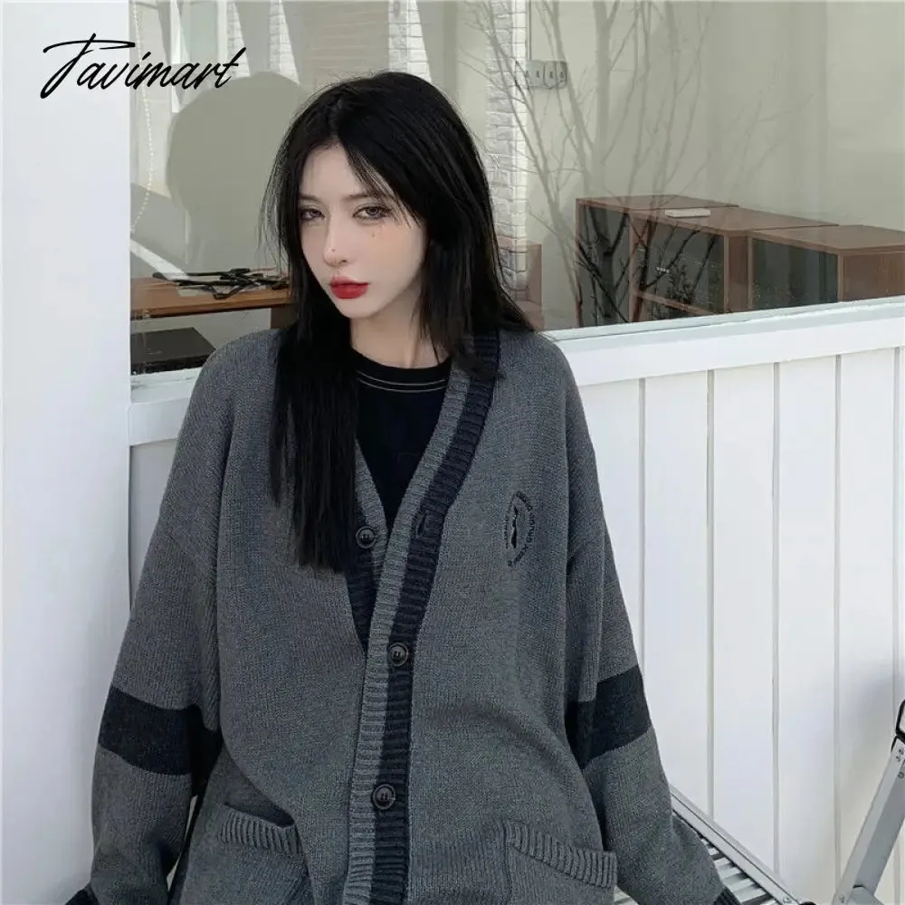 Tavimart Korean Style Grey Solid Cardigan Sweater Women Preppy Fashion V-neck Oversize Knitted Jumper Female Fall Streetwear Top