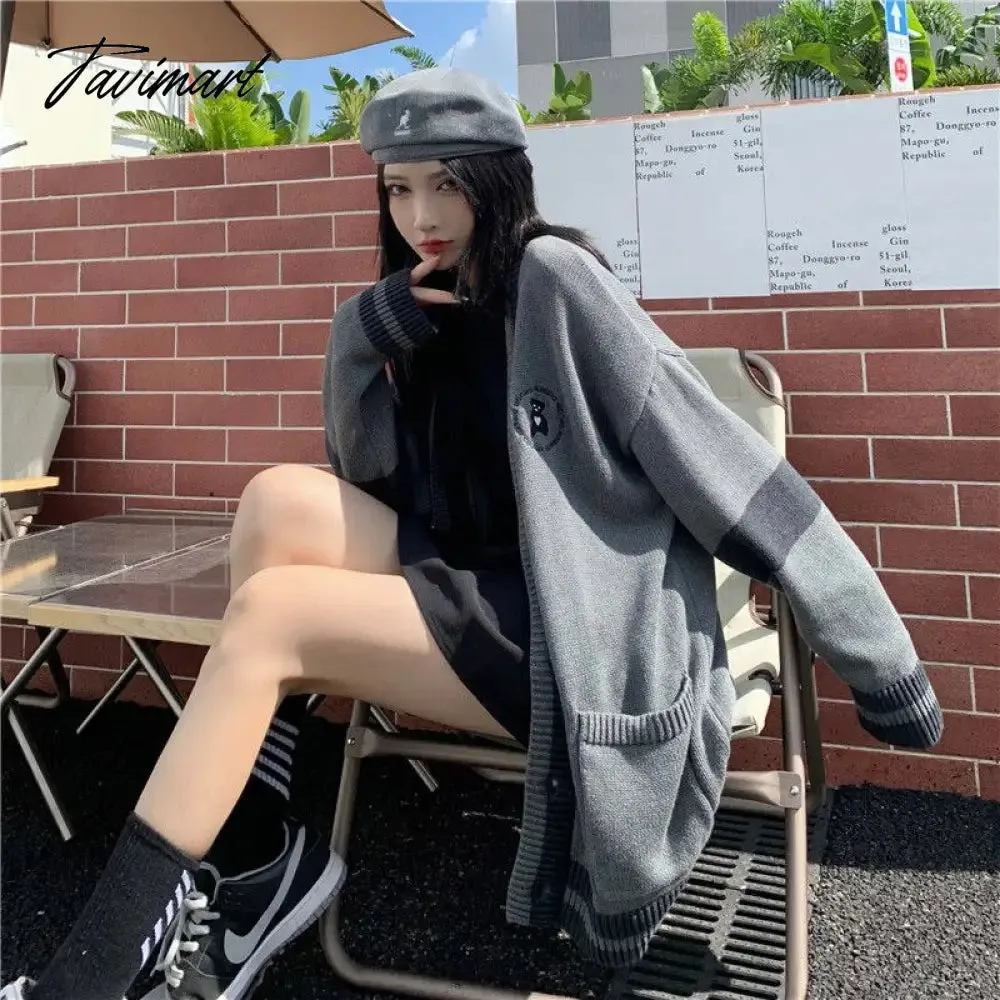 Tavimart Korean Style Grey Solid Cardigan Sweater Women Preppy Fashion V-neck Oversize Knitted Jumper Female Fall Streetwear Top