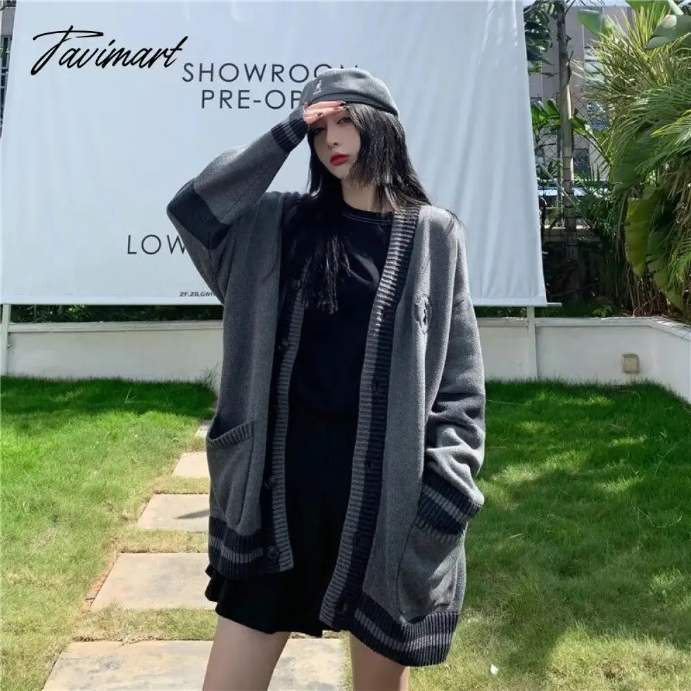 Tavimart Korean Style Grey Solid Cardigan Sweater Women Preppy Fashion V-neck Oversize Knitted Jumper Female Fall Streetwear Top