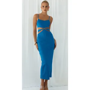 The Daphne Ocean Blue Cutout Slip Midi Dress