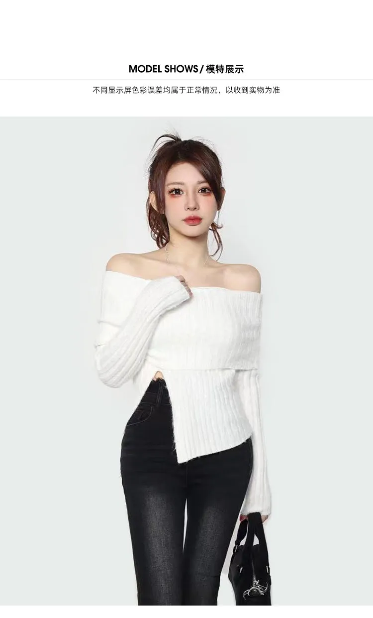 Tiara Solid Color Ribbed Off the Shoulder Side Slit Slim Top