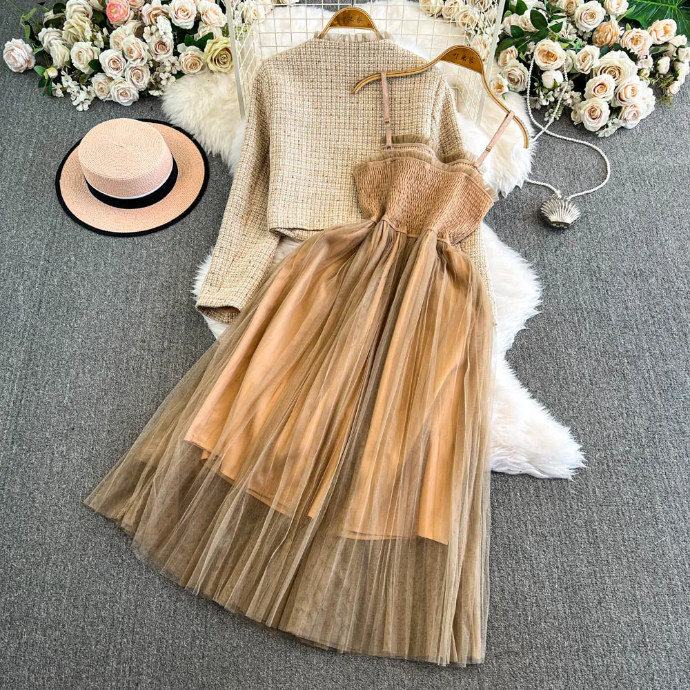 Tweed Cardigan&Mesh Slip Dress 2Pcs